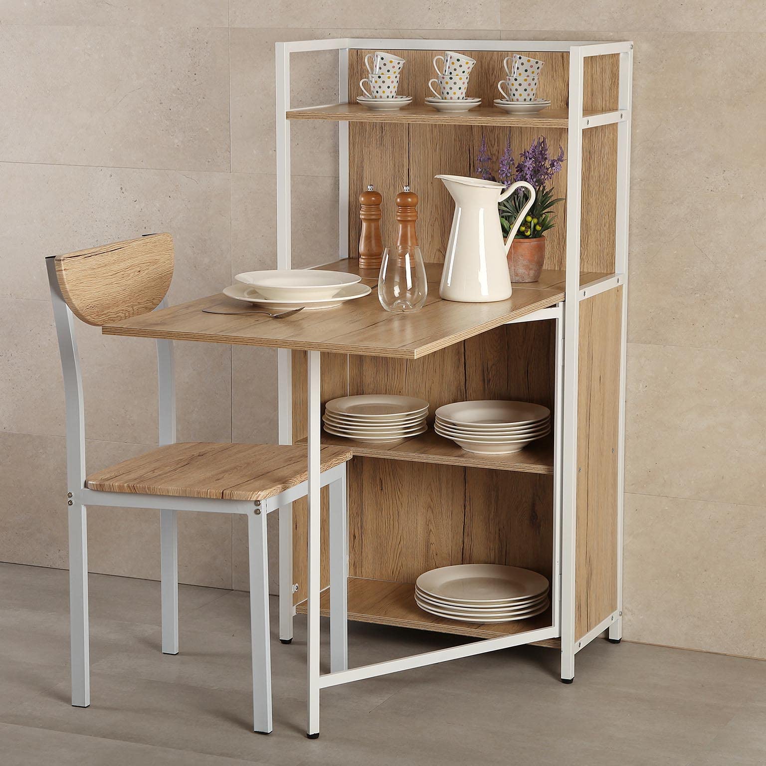 Versa Blumenau Esstisch mit Regal für Küche, Terrasse, Garten oder Esszimmer, Klappbare Arbeitsplatte, Maßnahmen (H x L x B) 120 x 30 x 62 cm, Holz, PVC und Metall, Farbe: Braun und Weiß