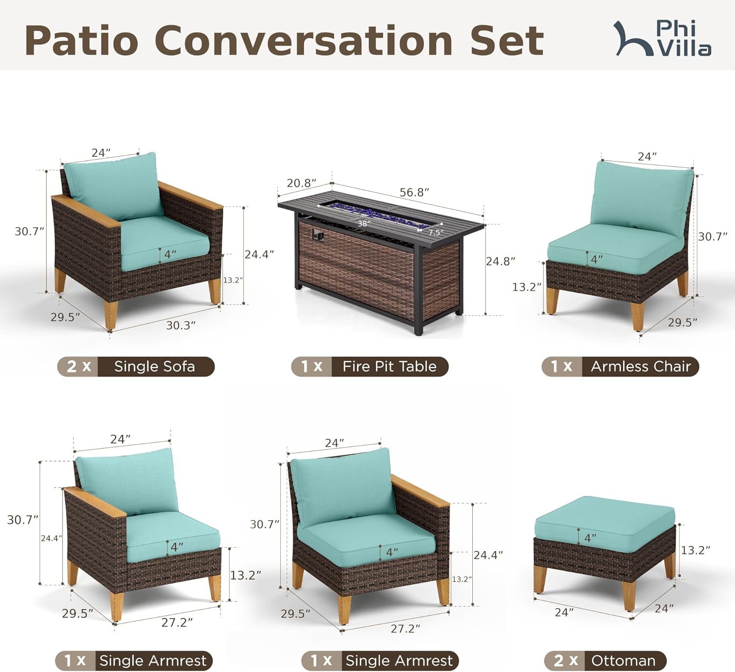 PHI VILLA 8-Piece Outdoor Sectional Patio Conversation Set with 56" Gas Fire Pit Table, Outdoor Rattan Furniture Patio Set for 7 Seats with Cushions, Blue