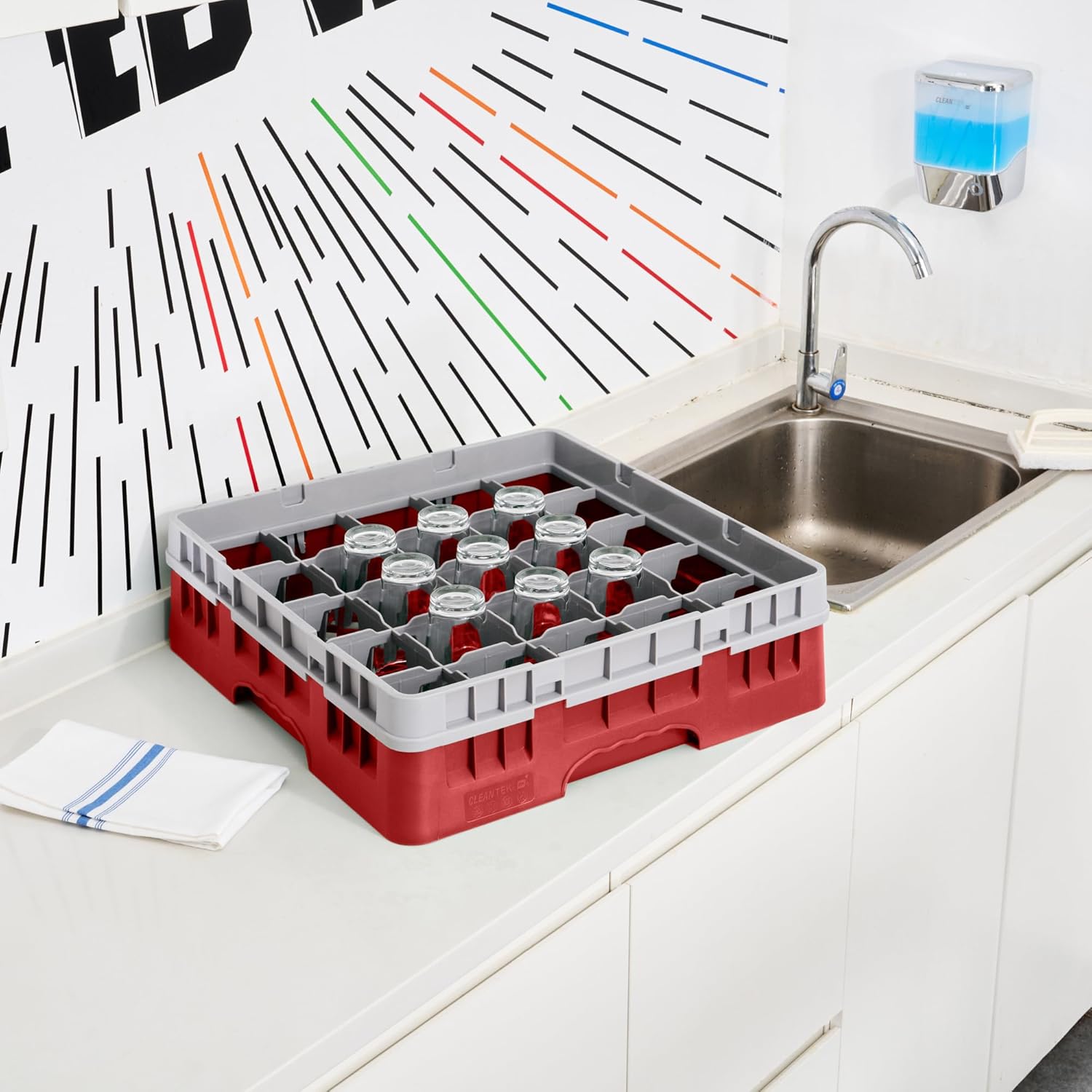 Restaurantware Clean Tek Professional 25 Compartment Glass Rack, 1 Heavy Duty Durable Tray, With 1 Full Drop Extender, Red Glass Holder For Restaurants, Bars, Pubs, Cafeterias, and Home Kitchens