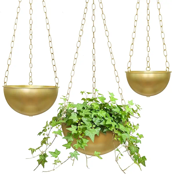 10/8/6 inch Hanging Planters for Indoor Plants Set of 3, Metal Hanging Pots with Drainage and Plug, Large Small Flower Pots Set for Window, Kitchen, Patio, Bathroom (Gold)