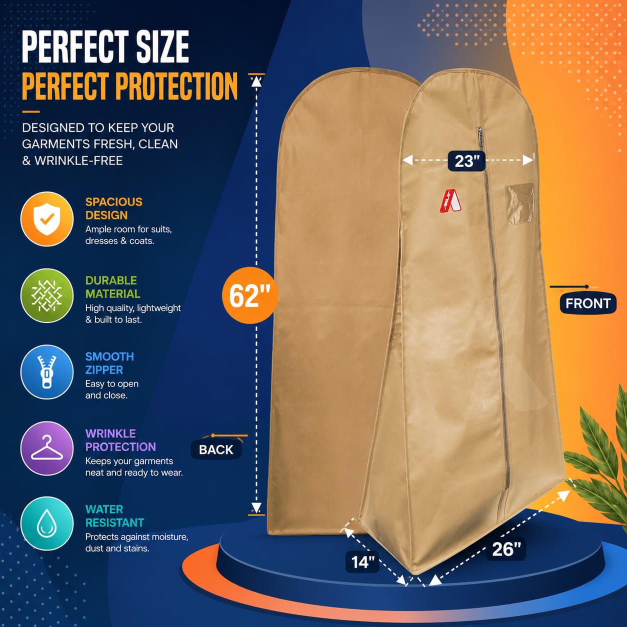ABLE 62 Inch Wedding & Lehenga Dress Cover Garment Bag with 14 Inch Gusset, Breathable, Dust Protector, for Extra Wide Dress. Navy Blue Non-Woven Fabric Pack of 1 Pcs 4
