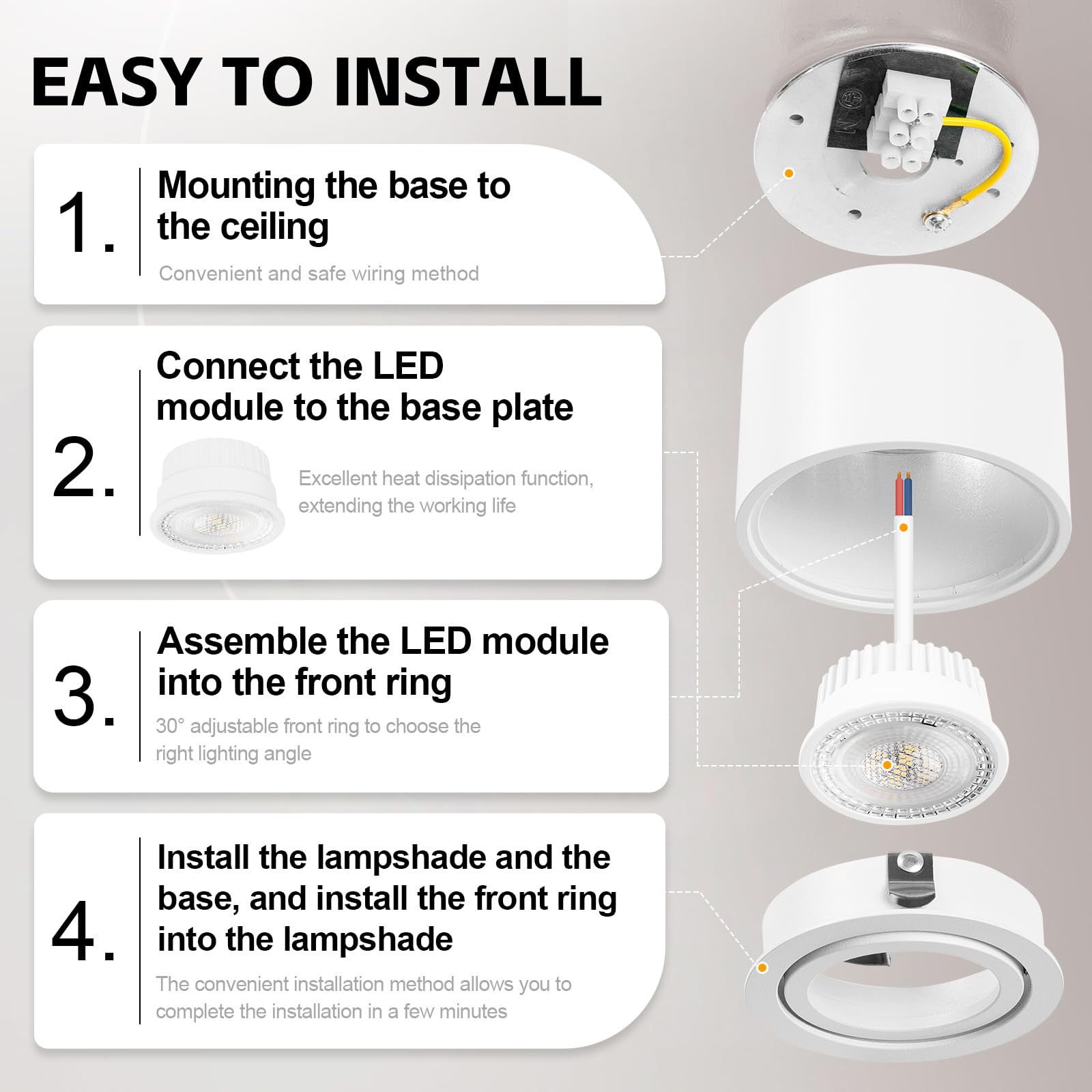 GeyouLux 6x Focos LED Techo Superficie - Ø80x50mm Interior - Módulo 230V Incluido - 5W 500LM 3000K - Ultradelgado y Ajustable a 38° - Lámpara Techo Aluminio Blanco