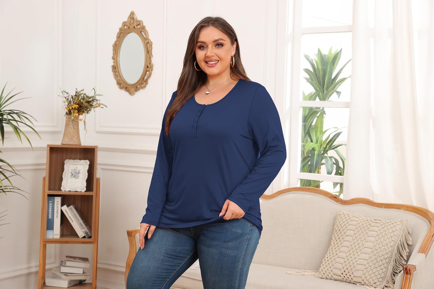 ForHailey Women's Plus Size Top Henley Neck Shirt Long Sleeve Button Front Round Neck Tee Basic Ladies Loose Fit T Shirt