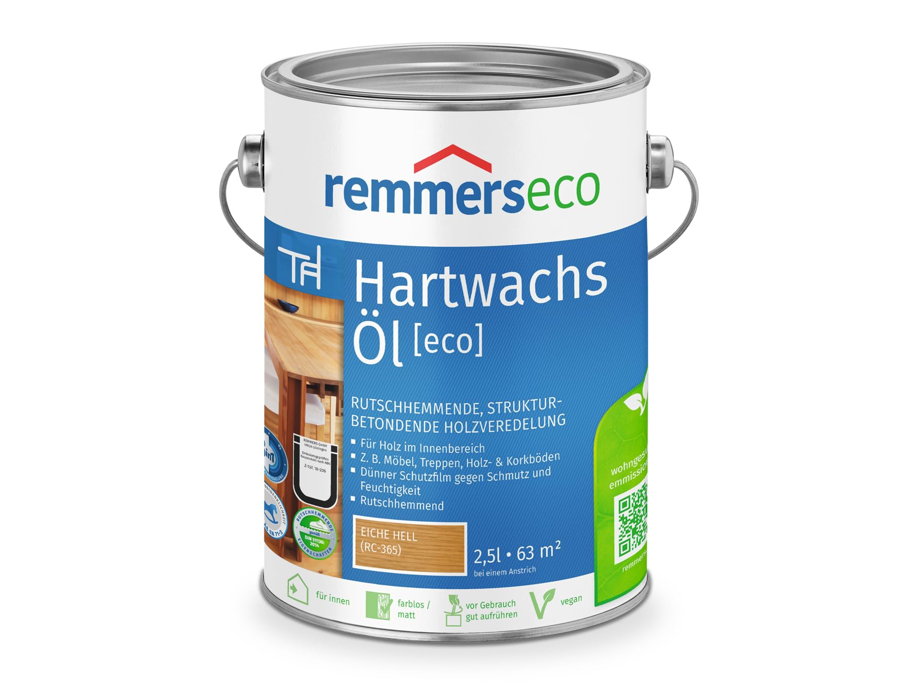 Remmers Aceite de cera dura [eco] roble claro, 2,5 litros, para interior, base natural, 3 en 1: mancha, aceite y sellador en uno, antideslizante, vegano
