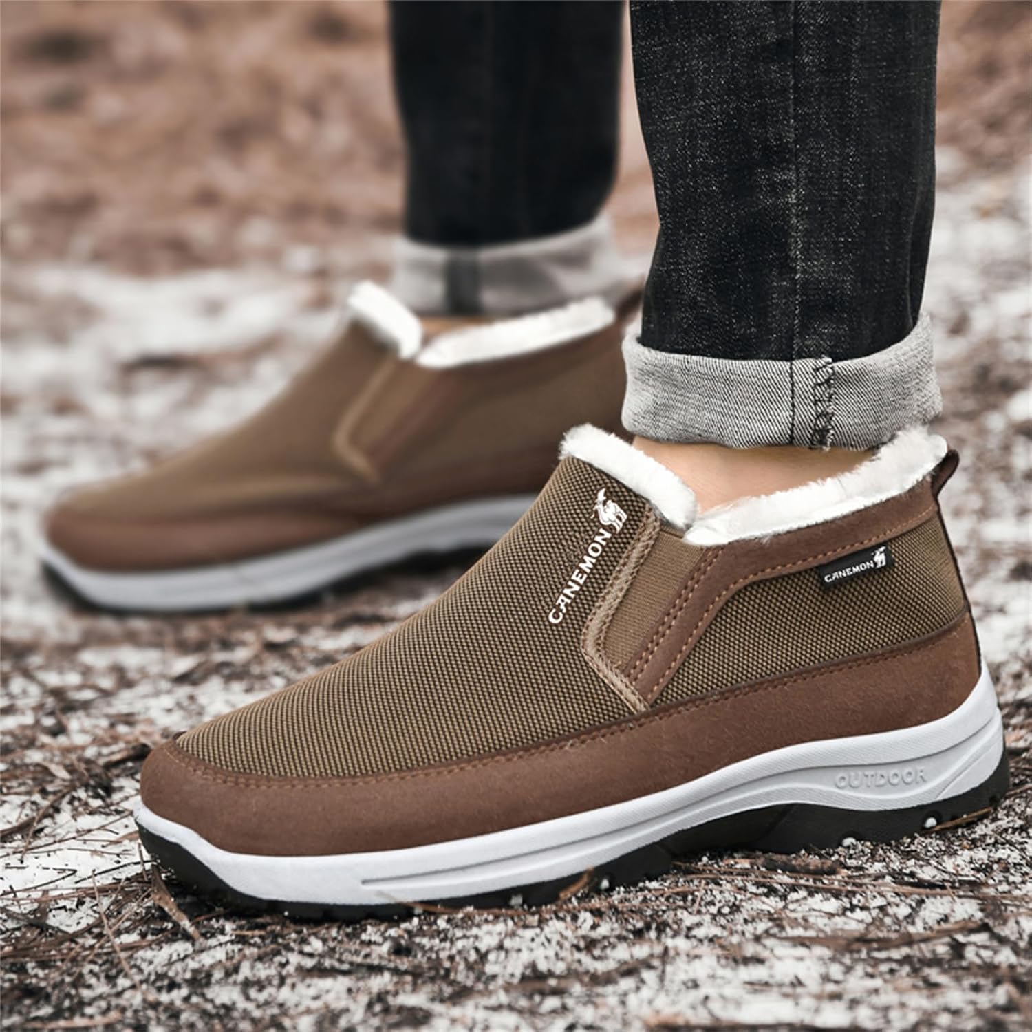 FAIRSOMA Men's CNA Trop Winter Slip-On Warm Ankle Chukka Boots with Arch Support,Outdoor Waterproof Anti-Slip Fur Lined High Top Leather Snow Loafers Comfortable Hiking Walking Shoes