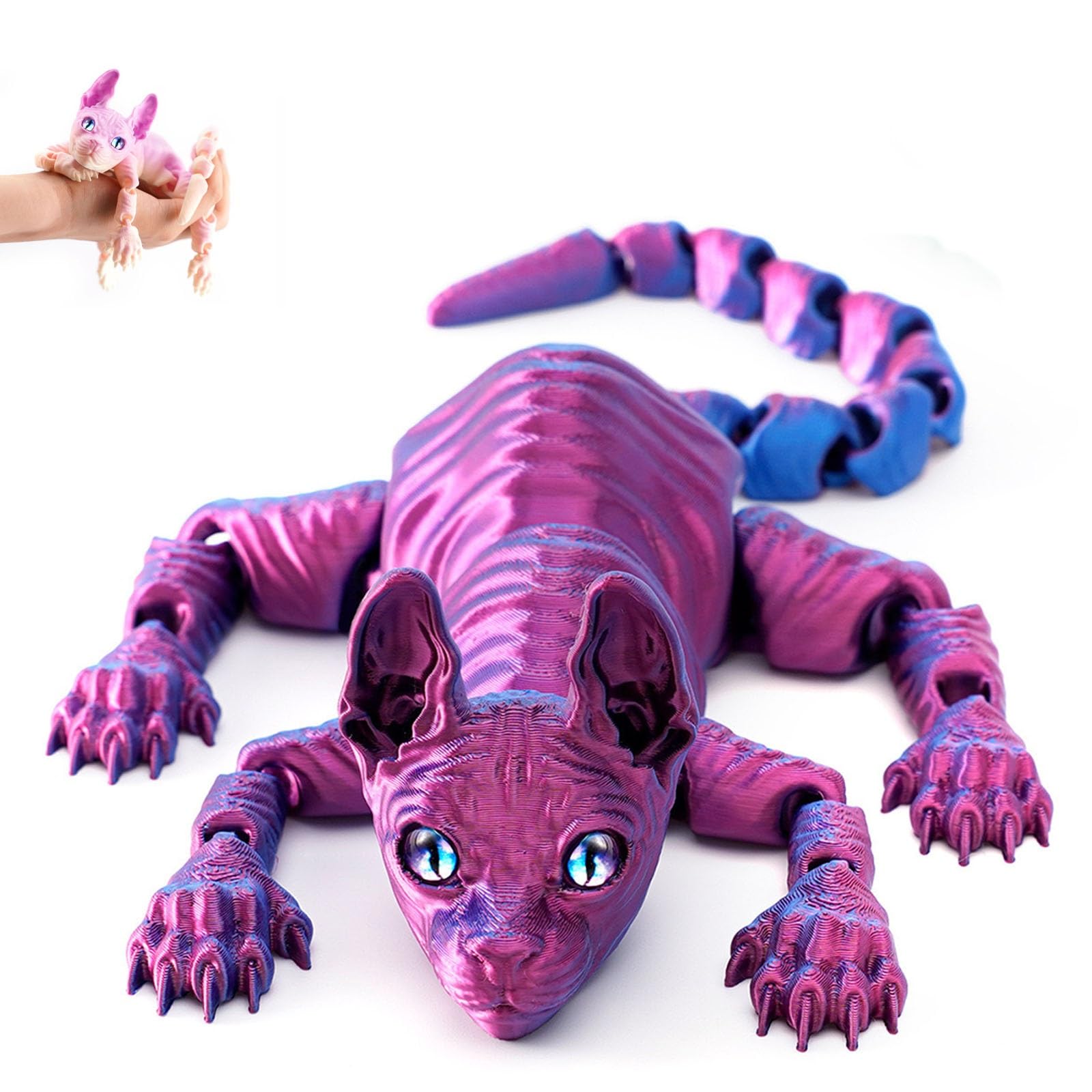 Mystic Meow – 3D Guardian Cat, 3D Printed Cute Hairless Cat, Realistic Flexible Articulated Joints Animal Figurine, Gifts for Cats Lovers, Fantasyfans and Creatives(Laser Purple,22cm)