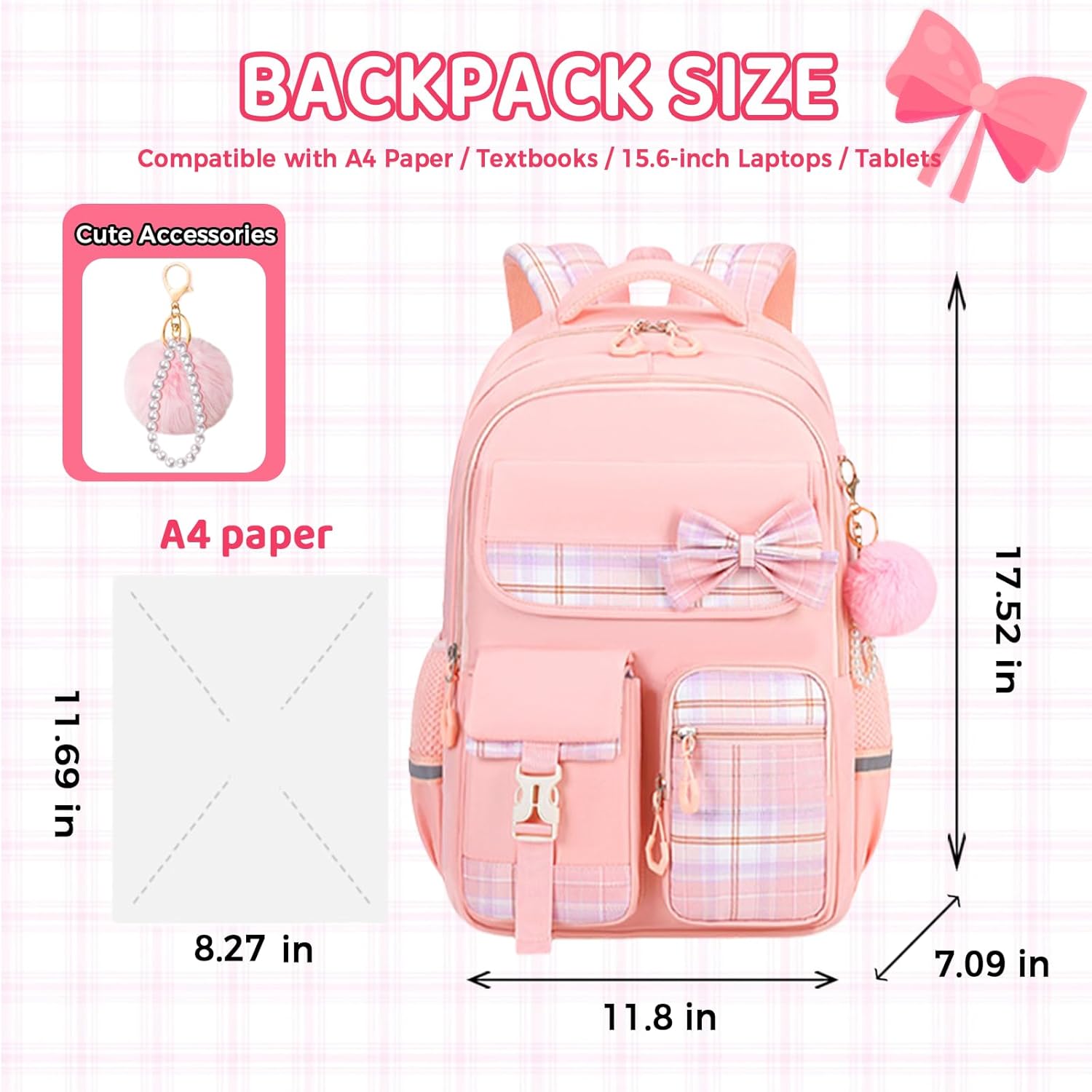 Kids Backpack for Girls, Cute Plaid Large Capacity Bookbag for Students Teens Preppy Aesthetic Kawaii Bow Elementary Primary Middle School Book Bag 6-8 8-10 10-12 (Purple)