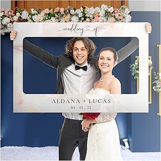Personalized Wedding Photo Booth Frame - Customized Marble Theme Selfie Booth Wedding Celebration Essentials - Custom Classic White Wedding Reception Photo Frame (Paper)