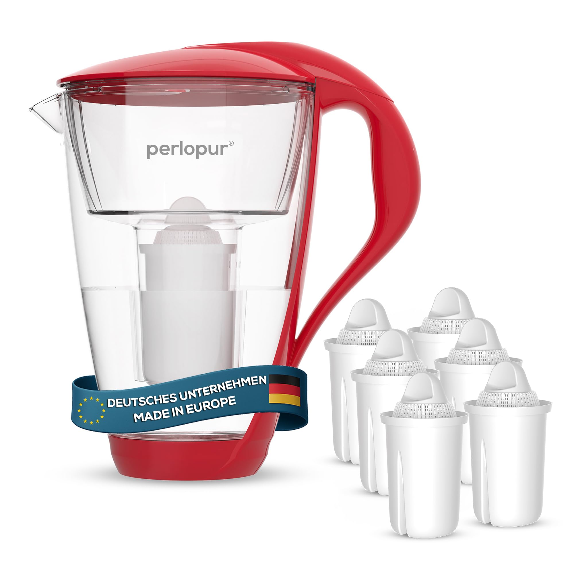 Glas-Wasserfilter (rot) Glaskanne mit 6 Classic Filterkartuschen – Reduzierung von Kalk & Schwermetall – Schützt Geräte – Besserer Geschmack von Kaffee & Tee – Made in EU