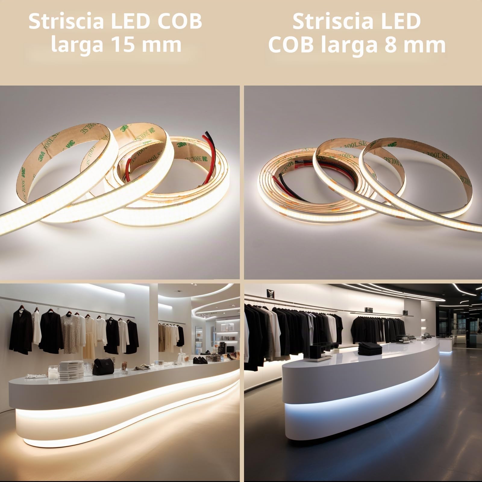 BENLUN 15mm Larghezza Striscia LED COB Alta Luminosità 24V 250W 10 Metri | 4000K Bianco Naturale Luci LED da Interno 25W/m 2750lm/m 960LEDs/m con Alimentazione per Camera da letto, Cucina, 5 Metri X 2