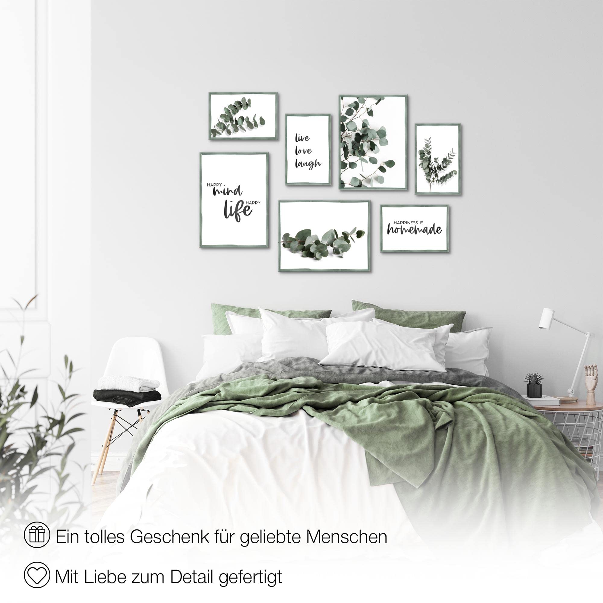 Novart Wandbilder Eukalyptus Pflanze - KOMPLETT AUFHÄNGFERTIG - Grüne Blätter Wohnzimmer Schlafzimmer - 7 Moderne Mood-Bilder - N003771b