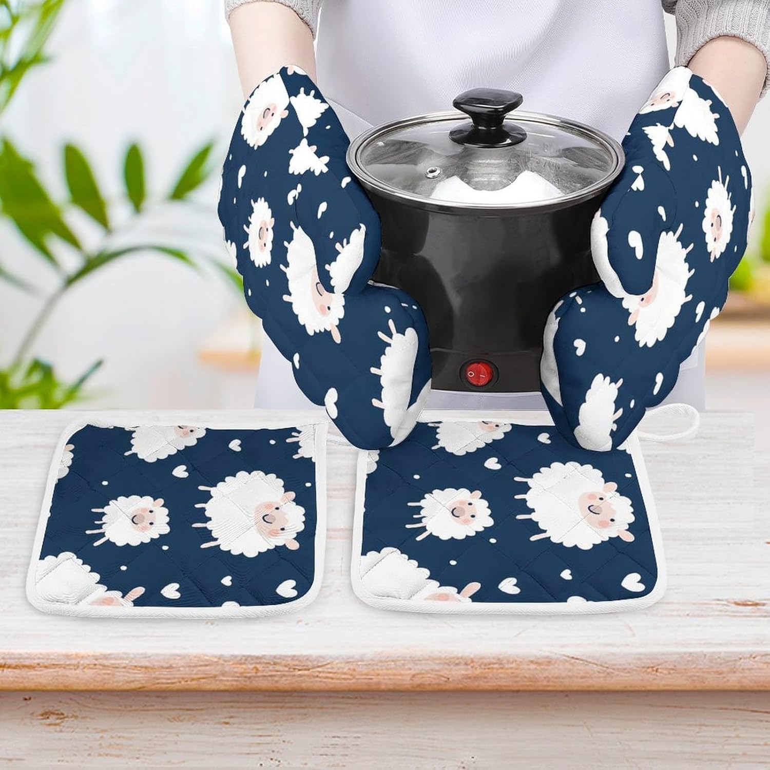 Cute Sheep Pattern Oven Mitts and Pot Holders 4Pcs Set Heat Resistant Cooking Mitts Hot Pads