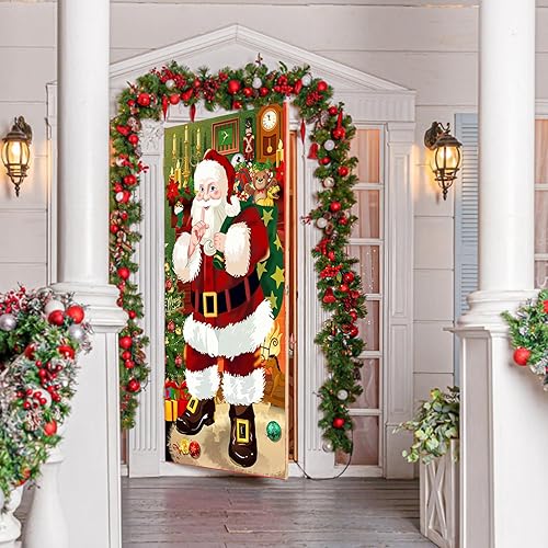 Miniatura 6 de Cubierta de puerta de Navidad, 73 x 36 pulgadas, fondo de Papá Noel, decoración de puerta de Navidad al aire libre, placa de puerta de garaje,