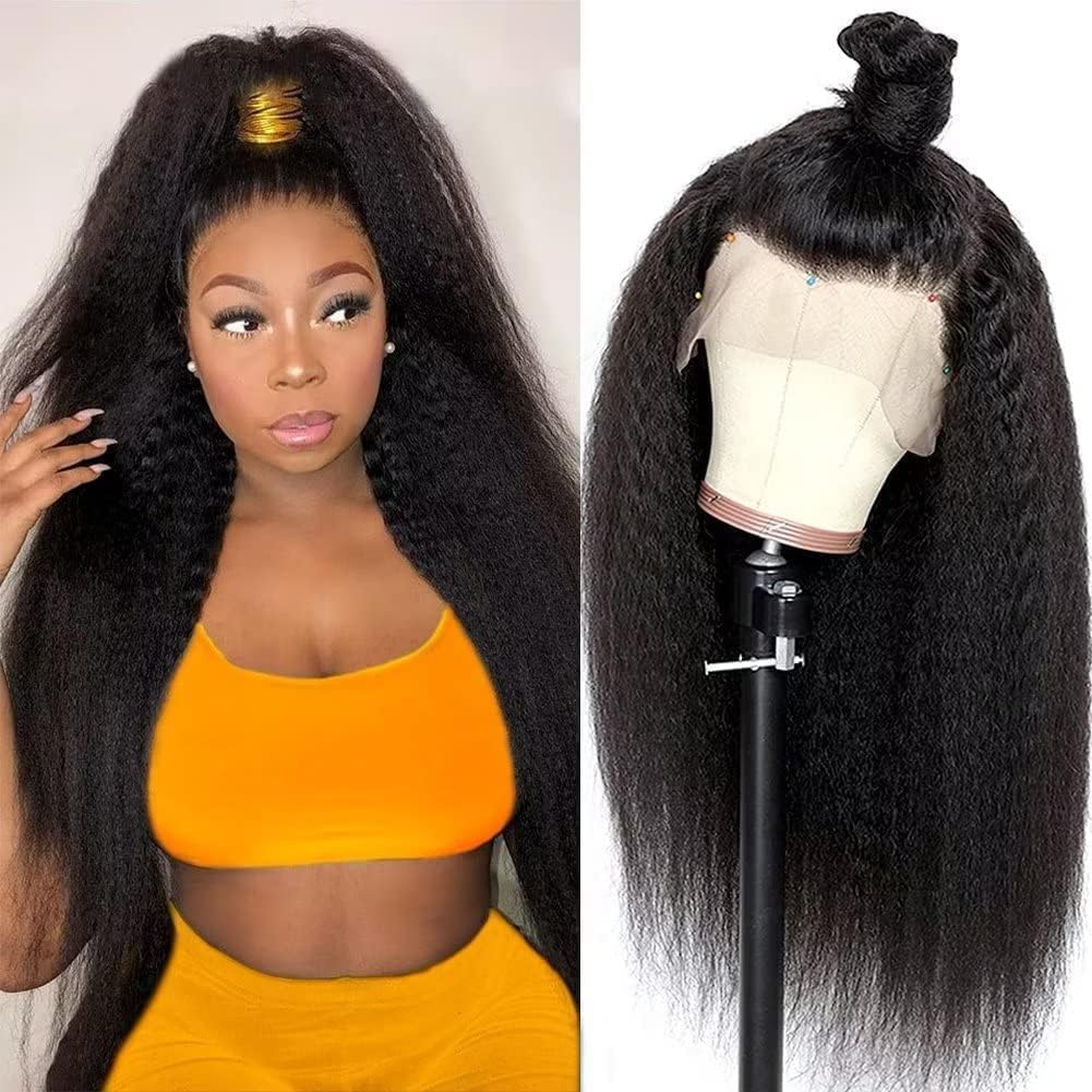 Bele Kinky Straight Human Hair Wig 30 inch 180 Density 13x4 HD Lace Front Wig Yaki Straight Human Hair Wigs for Women Pre Plucked with Baby Hair Natural Color