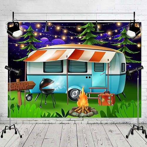Miniatura 2 de Telón de fondo de camping, temática de camping, fiesta de barbacoa, telón de fondo de fotos Happy Camper Banner Forest Night Photography Backdrops