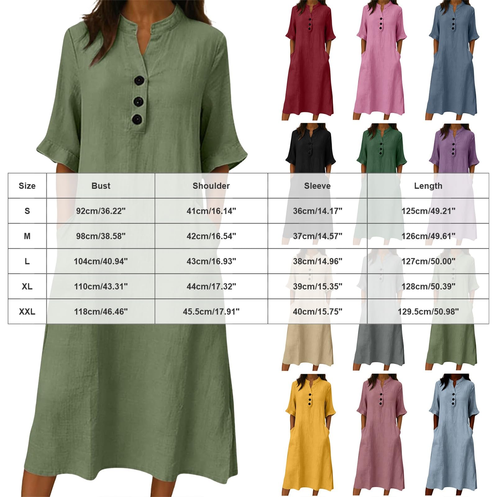 Vestito Lungo Abiti da Donna in Cotone alla Moda con Scollo a V, abbottonatura Frontale, Maniche a 3/4, Abito Estivo Midi con Tasca Abiti Donna Estivi Lunghi