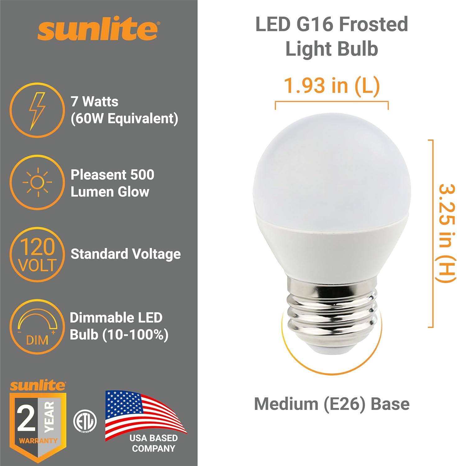Sunlite G16 LED Dimmable Decorative Globe Vanity Light Bulbs, Frosted, 7W (60W Equiv.), 500 Lumens, Medium E26 Base, Mirror Lights for Bedroom and Bathroom, 120V, ETL Listed, 4000K Cool White, 6 Pack