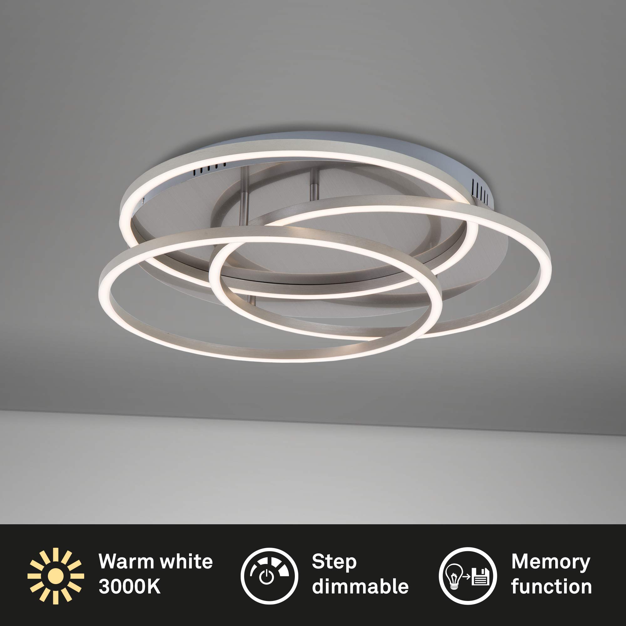 BRILONER Leuchten - LED Deckenleuchte, Deckenlampe dimmbar, inkl. Memoryfunktion, 60 Watt, 4.800 Lumen, 3.000 Kelvin, Matt-Nickel, 546x100mmm (DxH), 3248-012