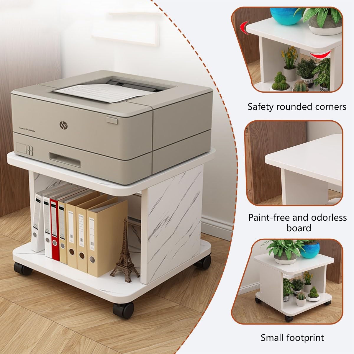 Supporto Stampante da Sotto Scrivania con 4 Ruote, Tavolo Stampante a 2 Ripiani, Mensola Piccola e Compatta, Salvaspazio per Ufficio e Casa(Light Brown)