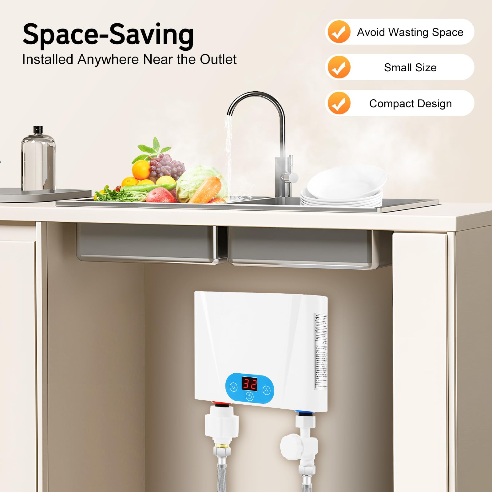 Mini chauffe-eau instantané sans réservoir - Avec panneau d'affichage numérique LED - Chauffe-eau pour cuisines et éviers