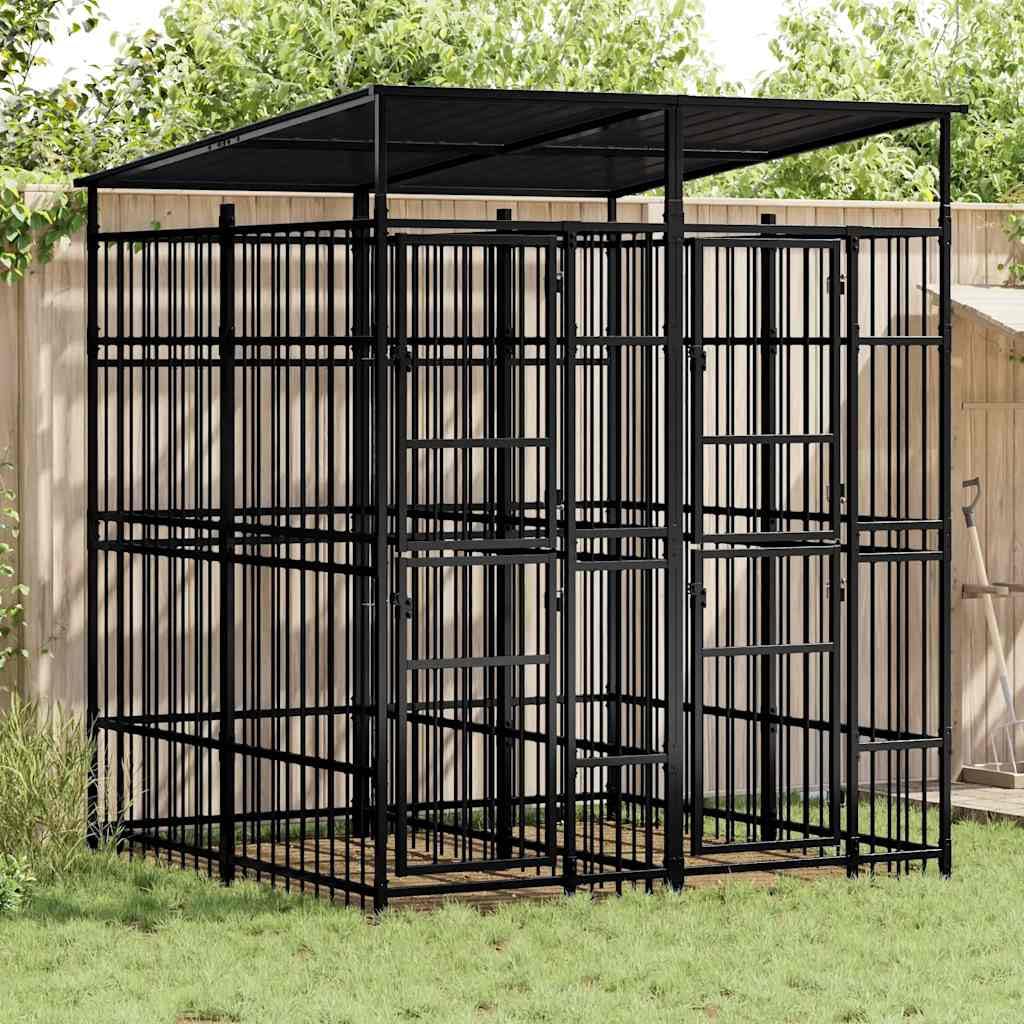Canile da esterno con tetto per cani in acciaio, 3,69 m², recinto esterno per cani e cuccioli, gabbia per giardino
