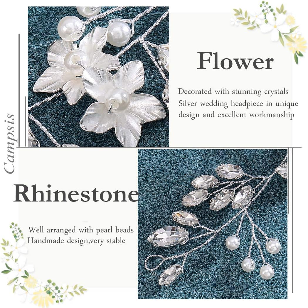 IYOU Bridal Wedding Hair Vine Silver Rhinestone Flower Headband Pearl Leaf Headpiece Prom Bride Hair Accessories for Women - Image 4