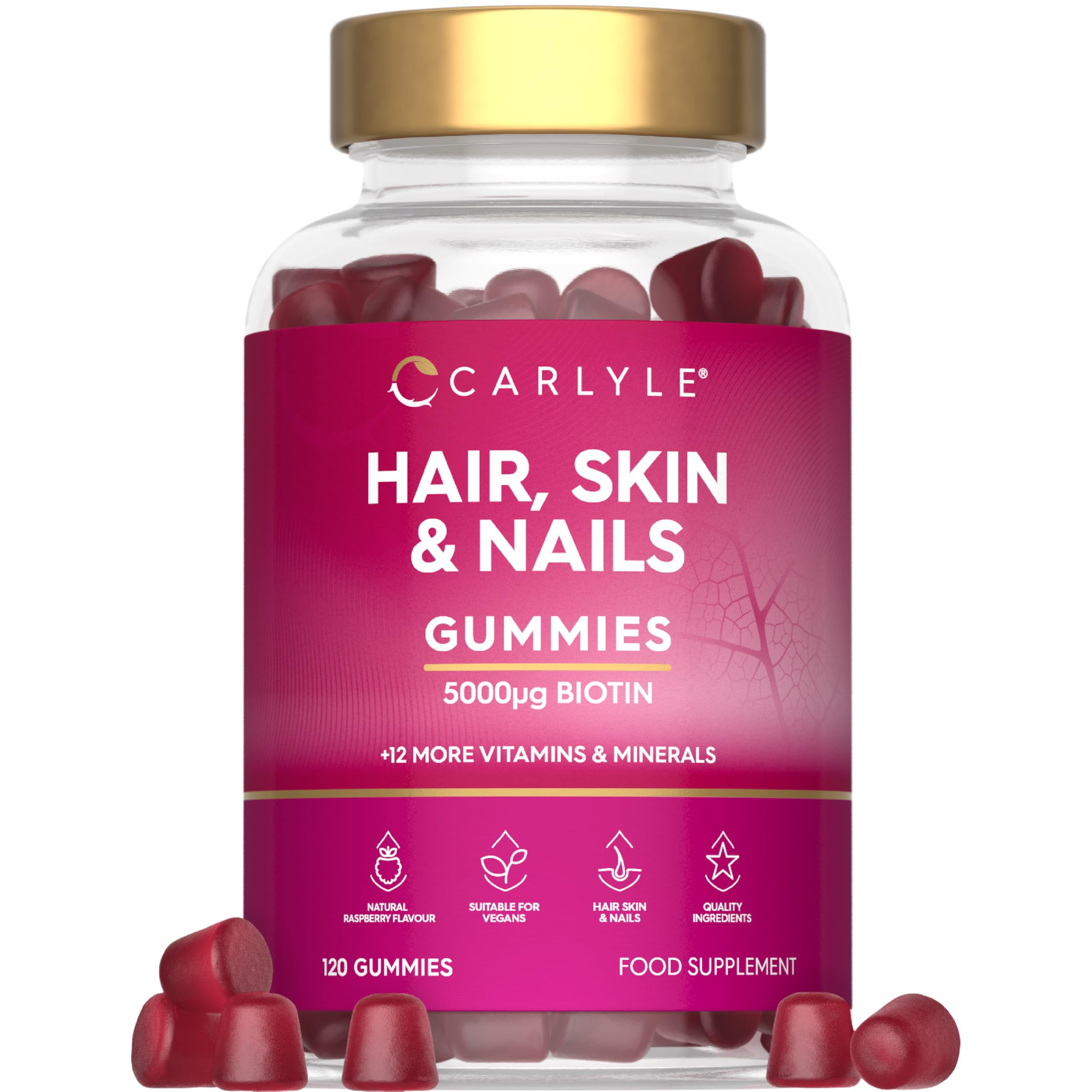 Hair Skin and Nails Gummies | 5000mcg Biotin | 120 Gummies | with Vitamins A, B12, B6, C, D, E & Zinc | Natural Raspberry Flavour | by Carlyle