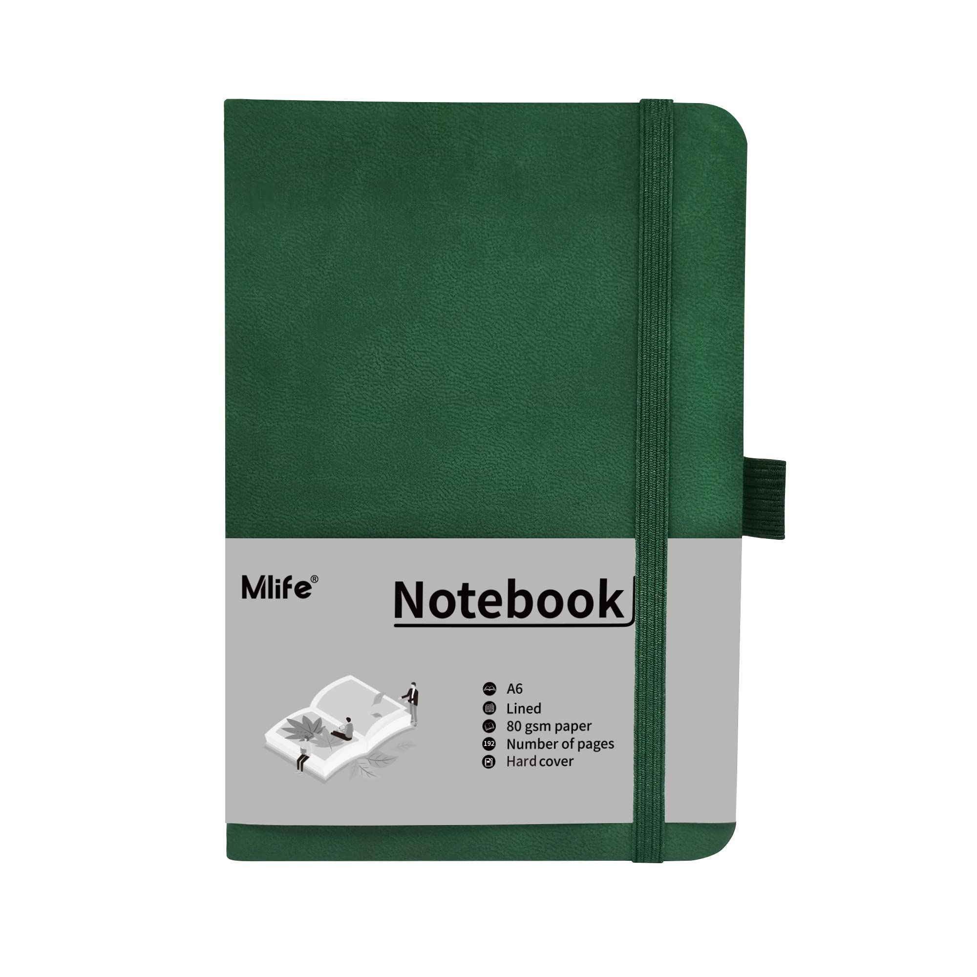 Mlife Carnet de notes A6 192 pages Couverture rigide Bande élastique Pochette pliable Vert