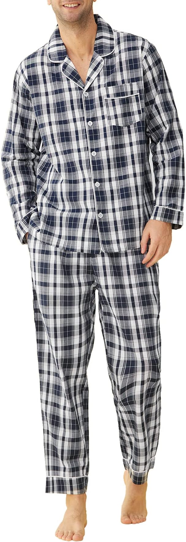 Men's Lightweight Cotton Pajamas Long Sleeves Shirt Pants Set