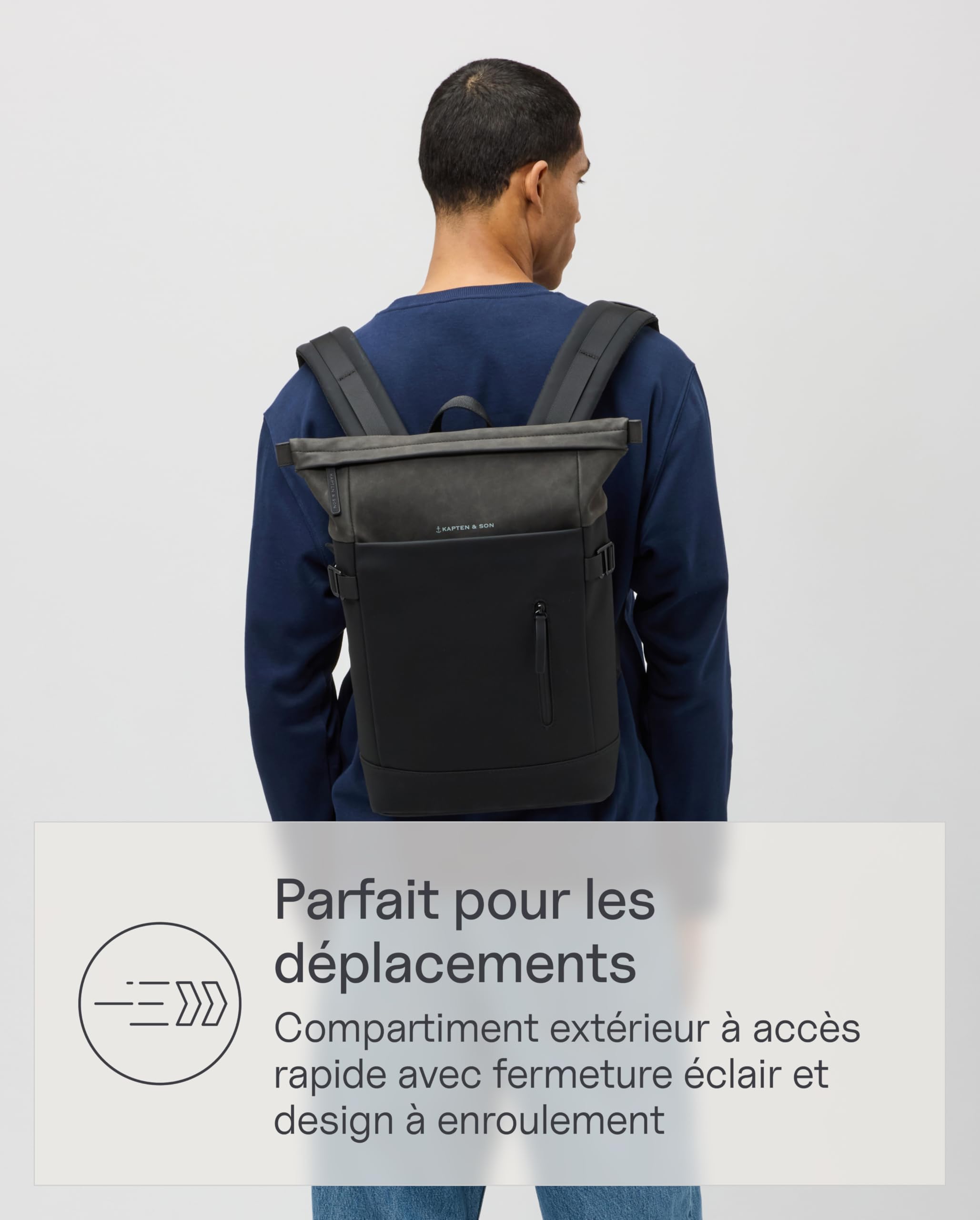 Kapten & Son Aarhus All Black sac a dos 14 L | Sac à dos noir pour homme et femme | Rolltop | compartiment pour ordinateur portable 14" | pour voyager, bagage cabine, travail, université, école