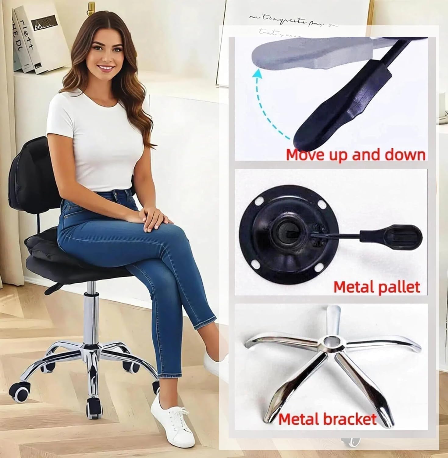 Height Adjustable Rolling Stool with Back Support for Salon, Spa, Home