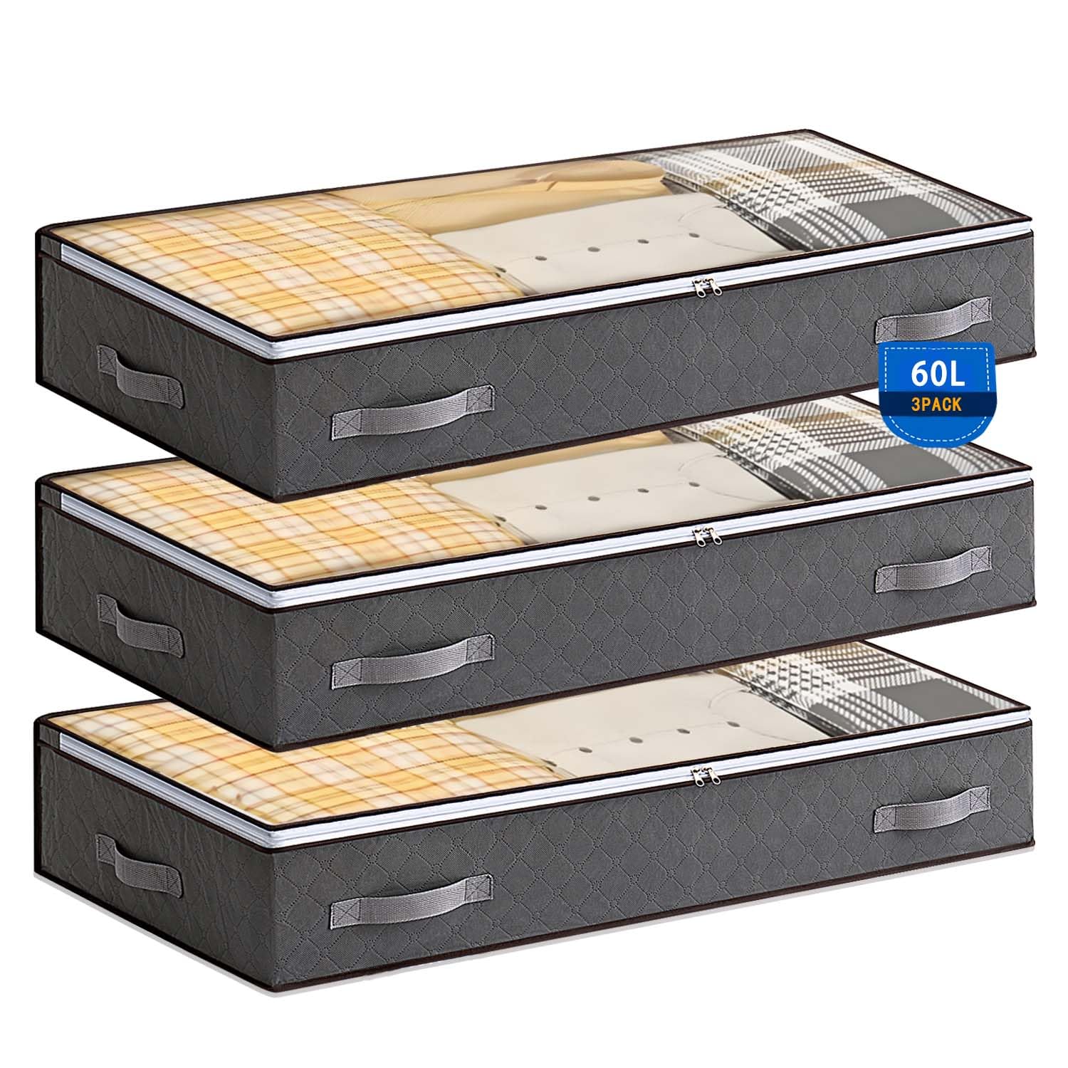 Boic 3 Piezas 60L Bolsas Almacenaje Ropa Debajo De La Cama, Plegable Cajas Almacenaje Ropa, Cajas Organizadoras Con Ventanas Y Asas, Caja De Almacenamiento Para Zapatos,De Cama (Gris)