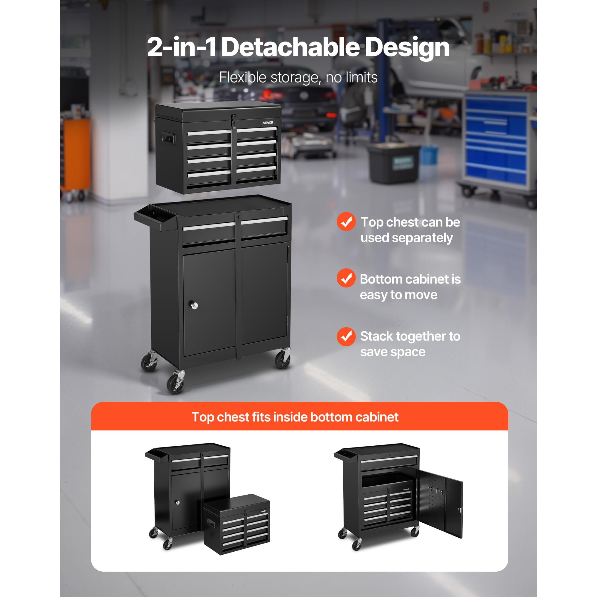 VEVOR Caja de Herramientas con Ruedas, 2 en 1 Organizador de 5 Cajones con Superior Desmontable, Barra de Seguridad, Revestimiento Protector y Soporte para Herramientas, para Garaje, Almacén y Taller