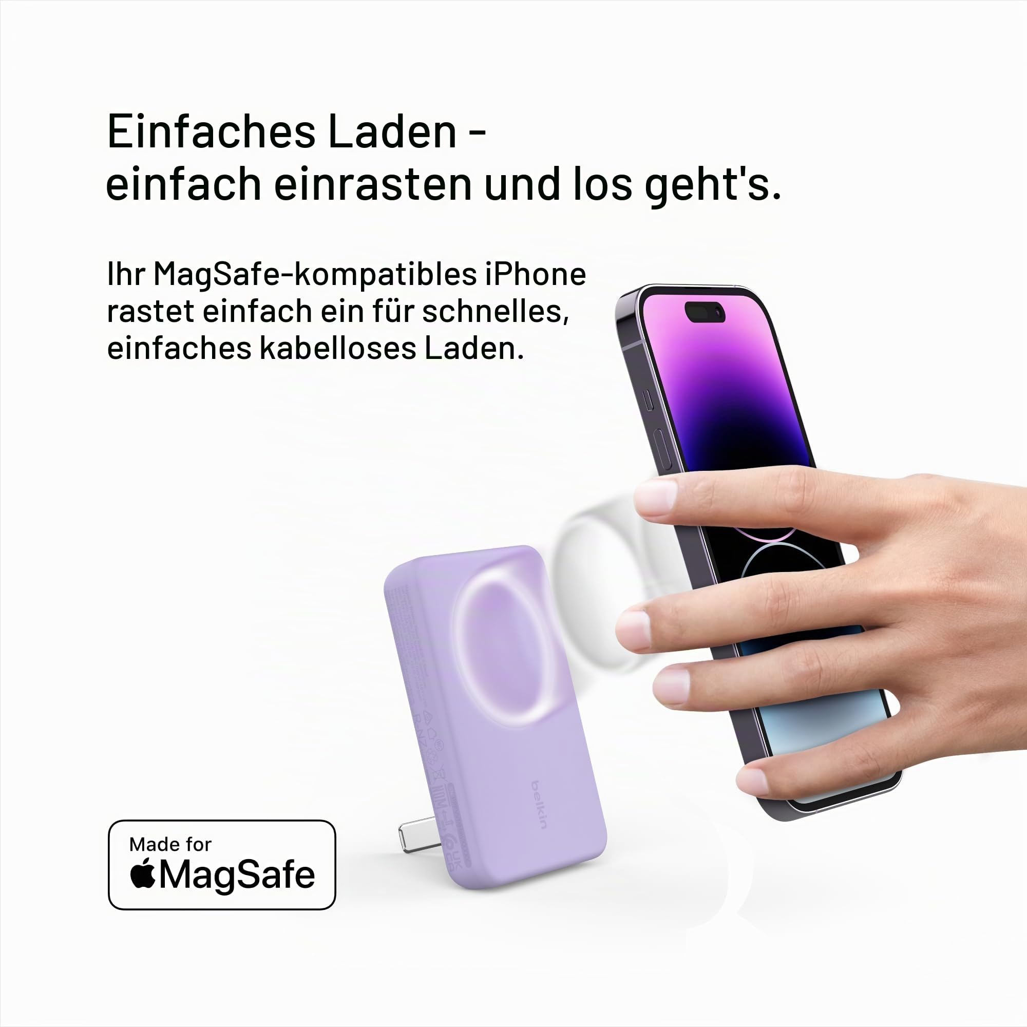 Belkin Magnetische 5000mAh Powerbank, Externer Handy-Akku, Kompatibel mit MagSafe, mit Passthrough-Ladefunktion und Ständer, 7,5W Ausgang, 10W Eingang, für iPhone 17, Air, 16, 15, Pixelsnap - Lila