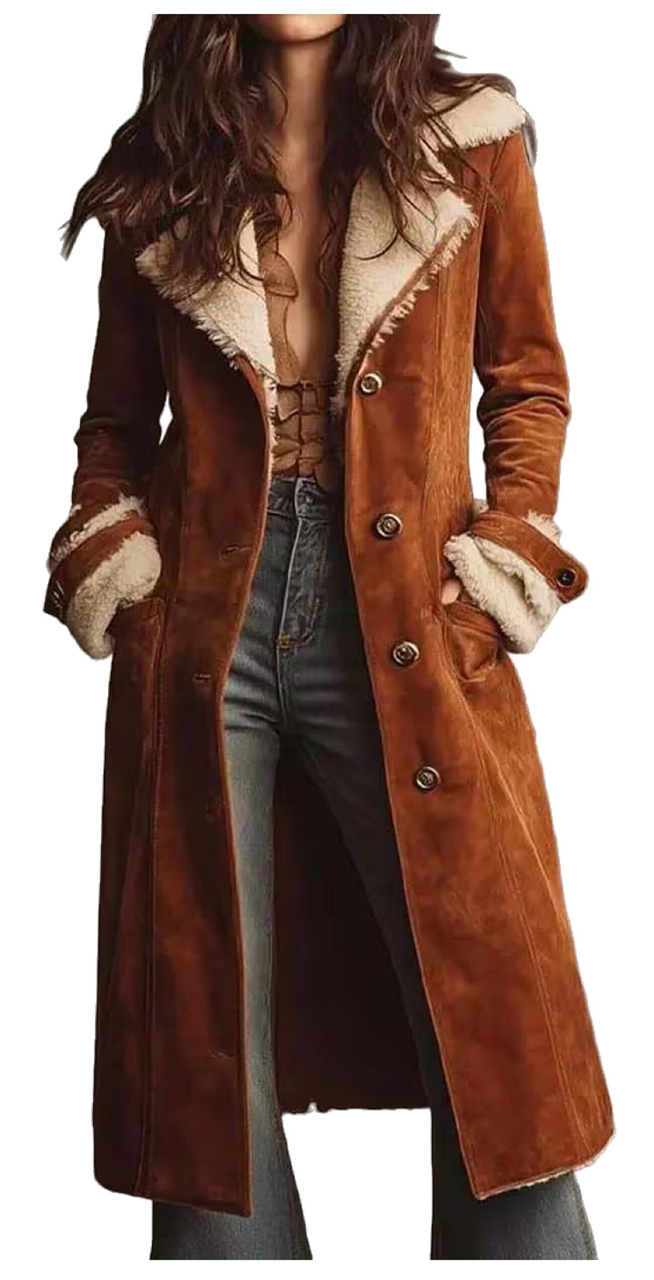 Cappotto lungo da donna, in pelle scamosciata, stile vintage, in montone, foderato in finta pelliccia, caldo