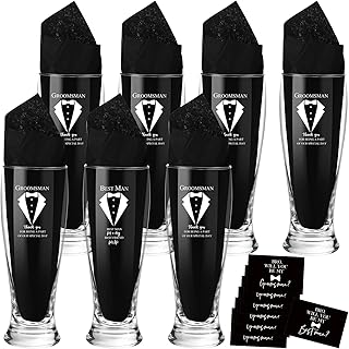 Nuanchu Set of 7 Groomsman Proposal Gifts Best Man Gift Beer Glass Set with Tuxedo Glasses Will You Be My Groomsman Cards Tissue Paper for Bachelor Party(16 oz,Pilsner Glasses)