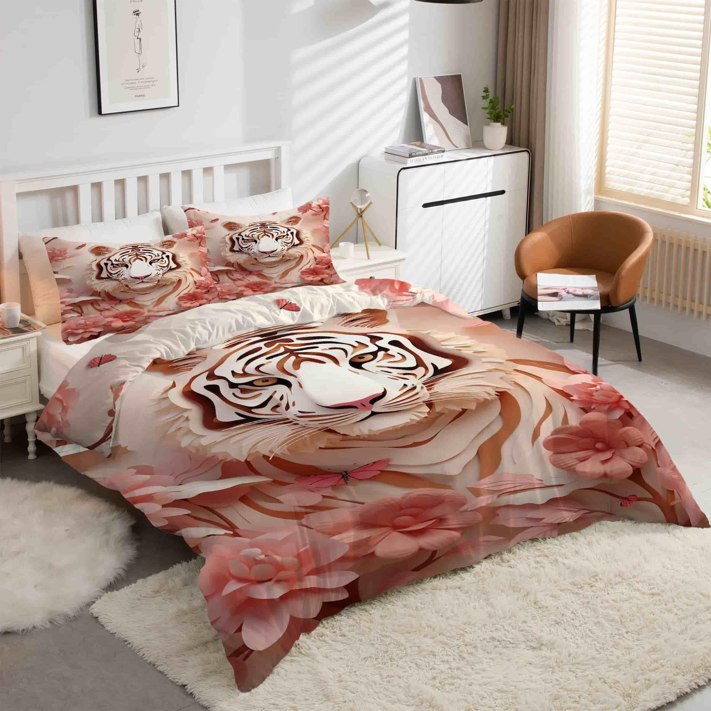 Housse de couette 220x240 tigre avec 2 taies d'oreiller en microfobre douce kK3029