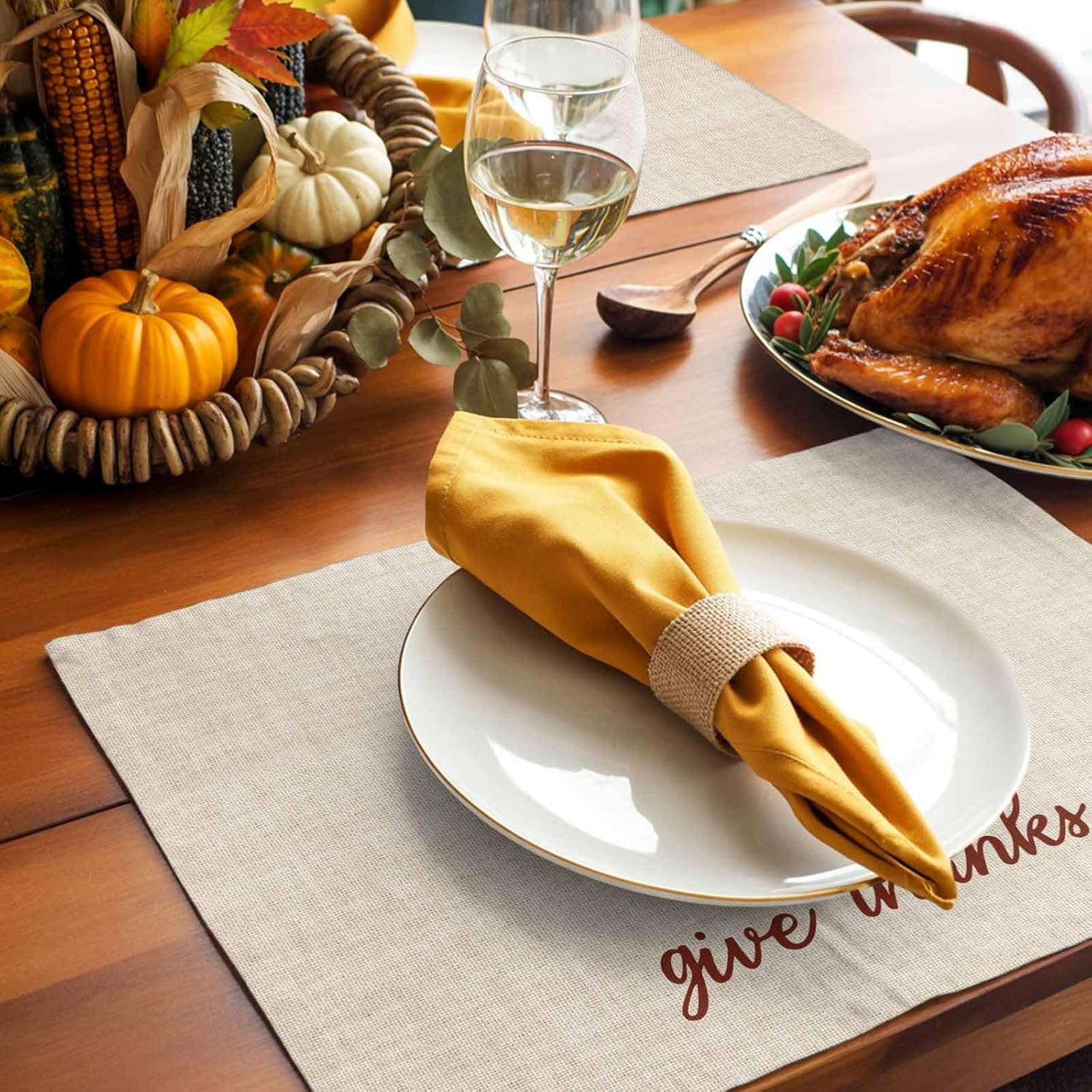 LooPoP Placemats Set of 4 Washable,Give Thanks Placemat for Dining Table Decorations, Heat-Proof Table Mats for Kitchen Dinner Banquet Thanksgiving Turkey