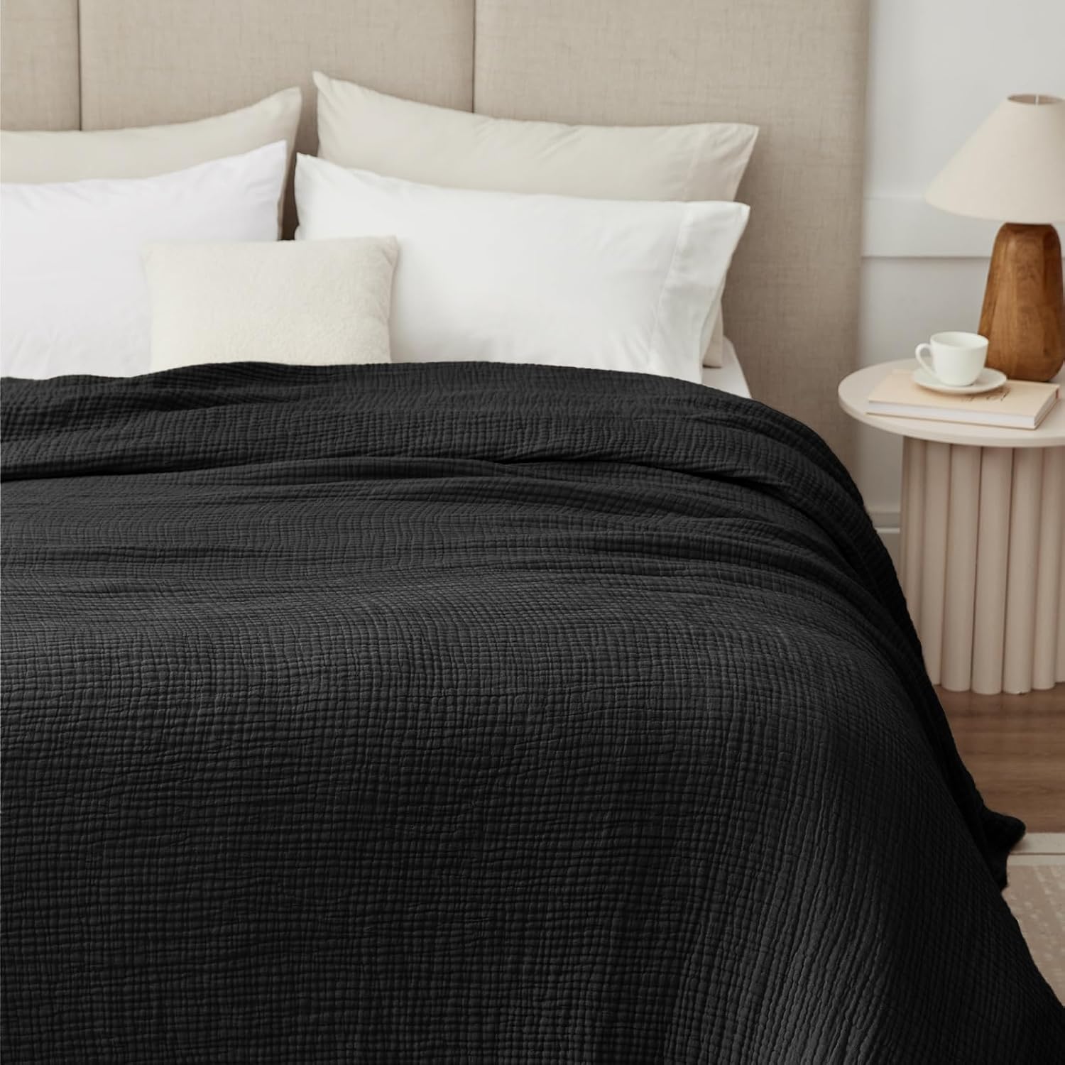 100% Cotton Muslin Blanket 50"x 60", 6 Layers Breathable and Lightweight Cotton Throw Blankets for Couch, Soft Cooling Summer Gauze Blanket for Adults All Season, Black