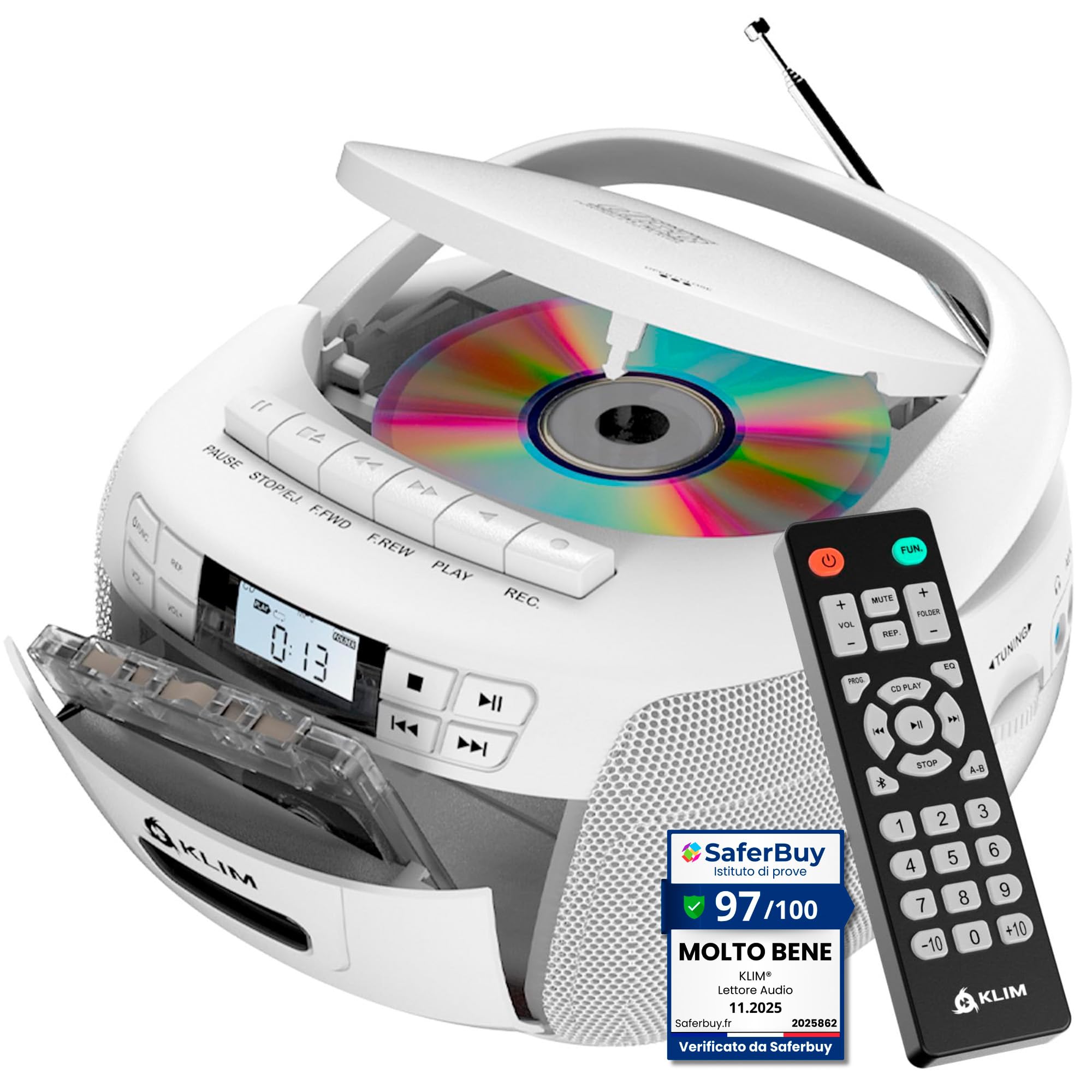 Cd-cassette Player, AM FM Radio Bluetooth, AUX | Remota, Registrazione su Nastro, USB Drive, Stereo Casa Alimentazione AC DC, Esperienza Musicale Versatile - Bianco
