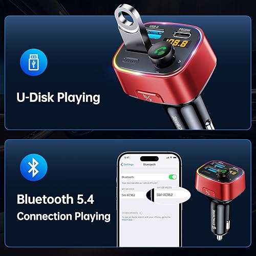 Miniatura 6 de Syncwire Bluetooth 5.3 Transmisor FM Adaptador de coche 48W (PD 36W y 12W) Interruptor de luz Bajo Profundo HiFi Carga Rápida Adaptador de Música de