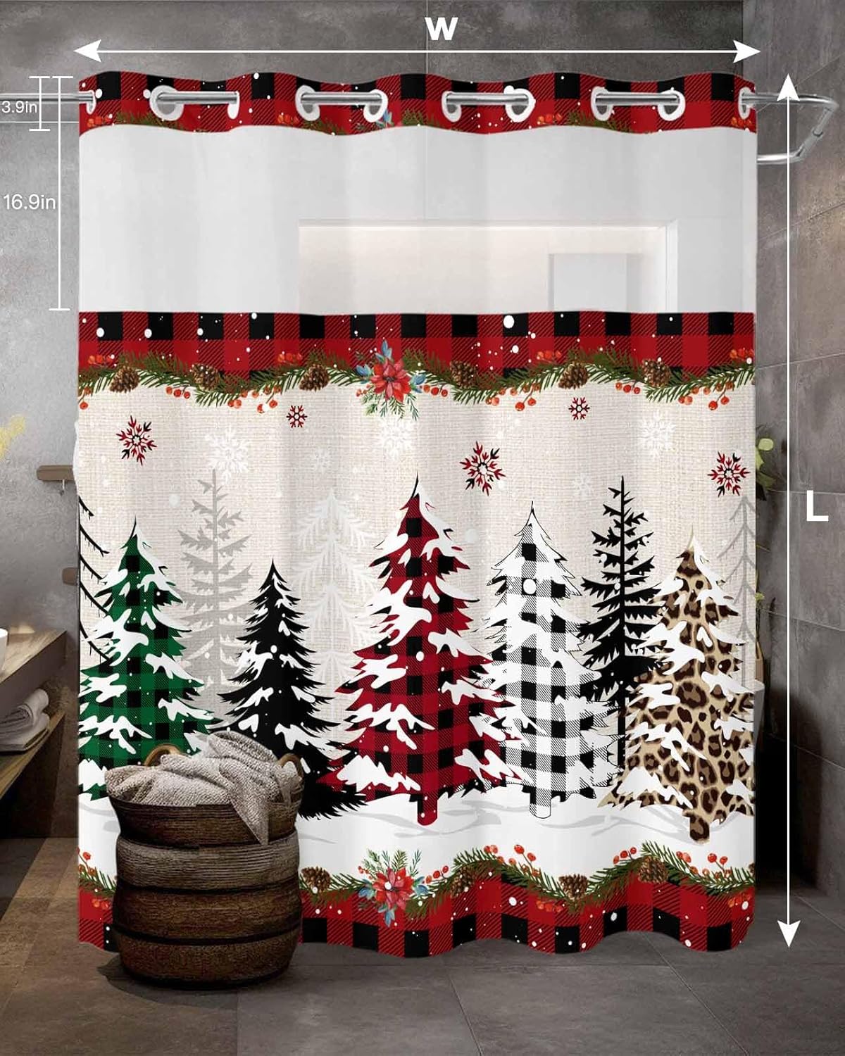 Christmas No Hooks Shower Curtain Liner, Merry Xmas Tree Snowflake Buffalo Plaid Linen Texture Waterproof Shower Curtains with Magnets, Top See Through Window Washable Rustic Shower Curtain 72"x72"