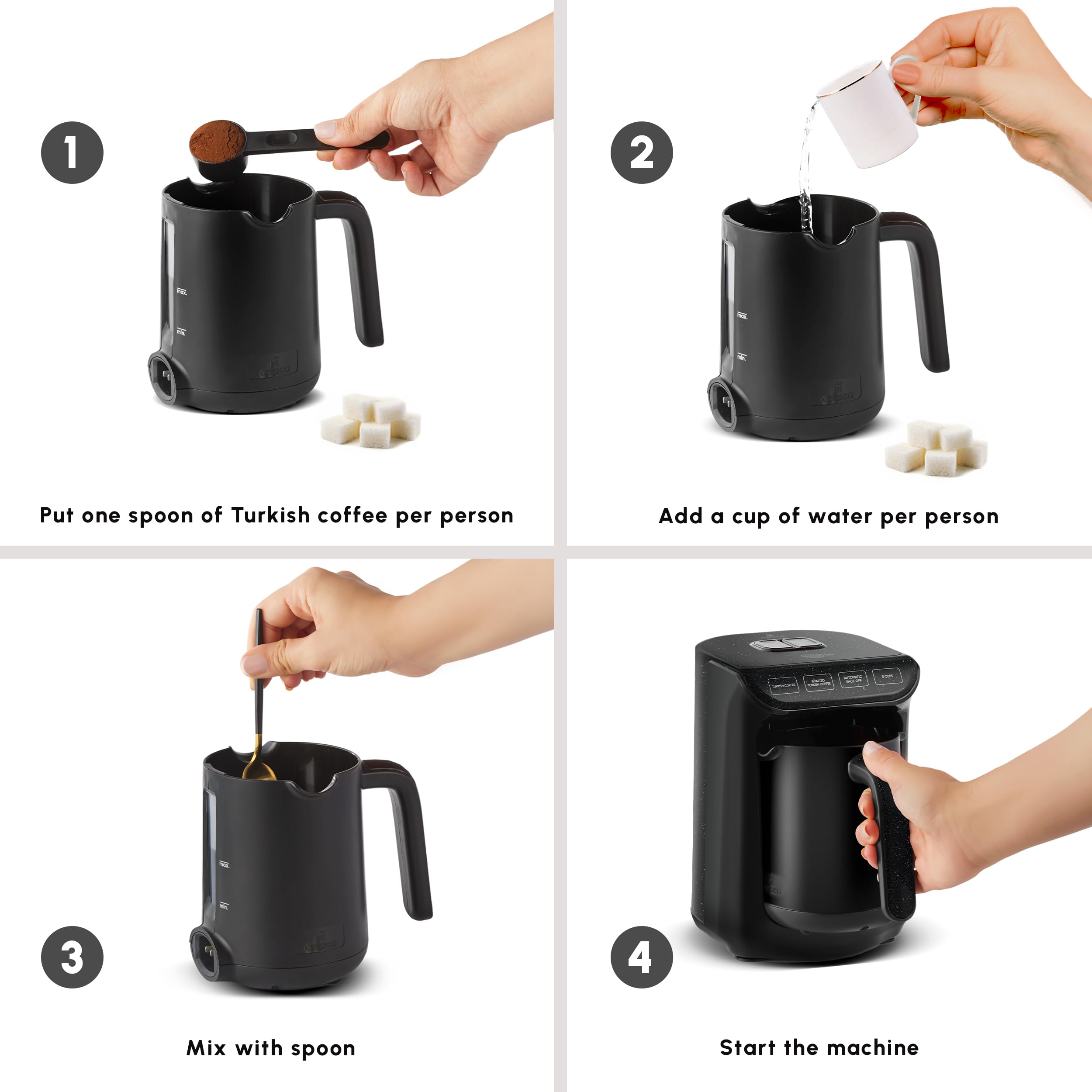 KARACA Hatır Köz Machine à café turque laiteuse, cafetière turque traditionnelle, 5 tasses, infusion de style ember, modes lait et chocolat chaud, anti-débordement, arrêt automatique, noir brillant