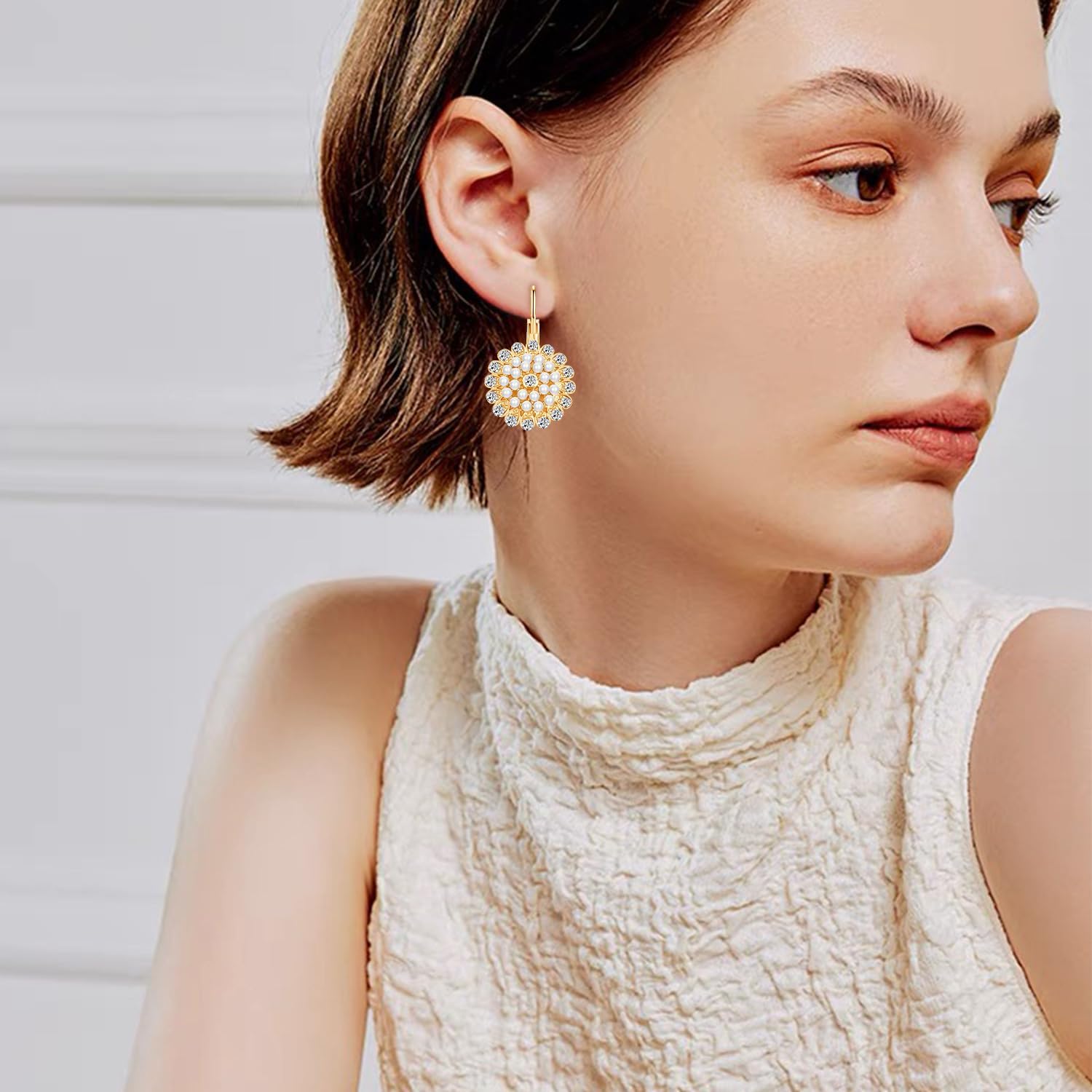 Unique Boho Sparkly Crystal Pearl Flower Disc Dangle Drop Earrings 14k Gold Round Floral Leverback Earrings For Women - Image 2