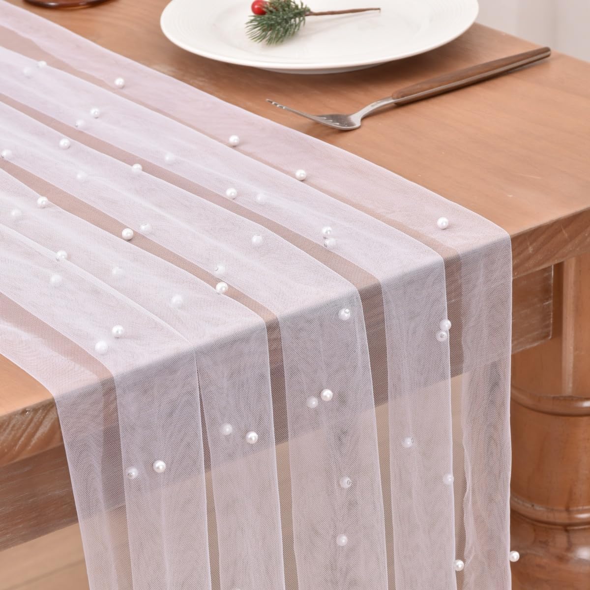 Joanlody Pearl Table Runner Easter 10ft Rustic Boho Tulle Spring Summer Runner with Pearls for Baby Shower Wedding Party Veil Dessert Table Decor White 4pcs
