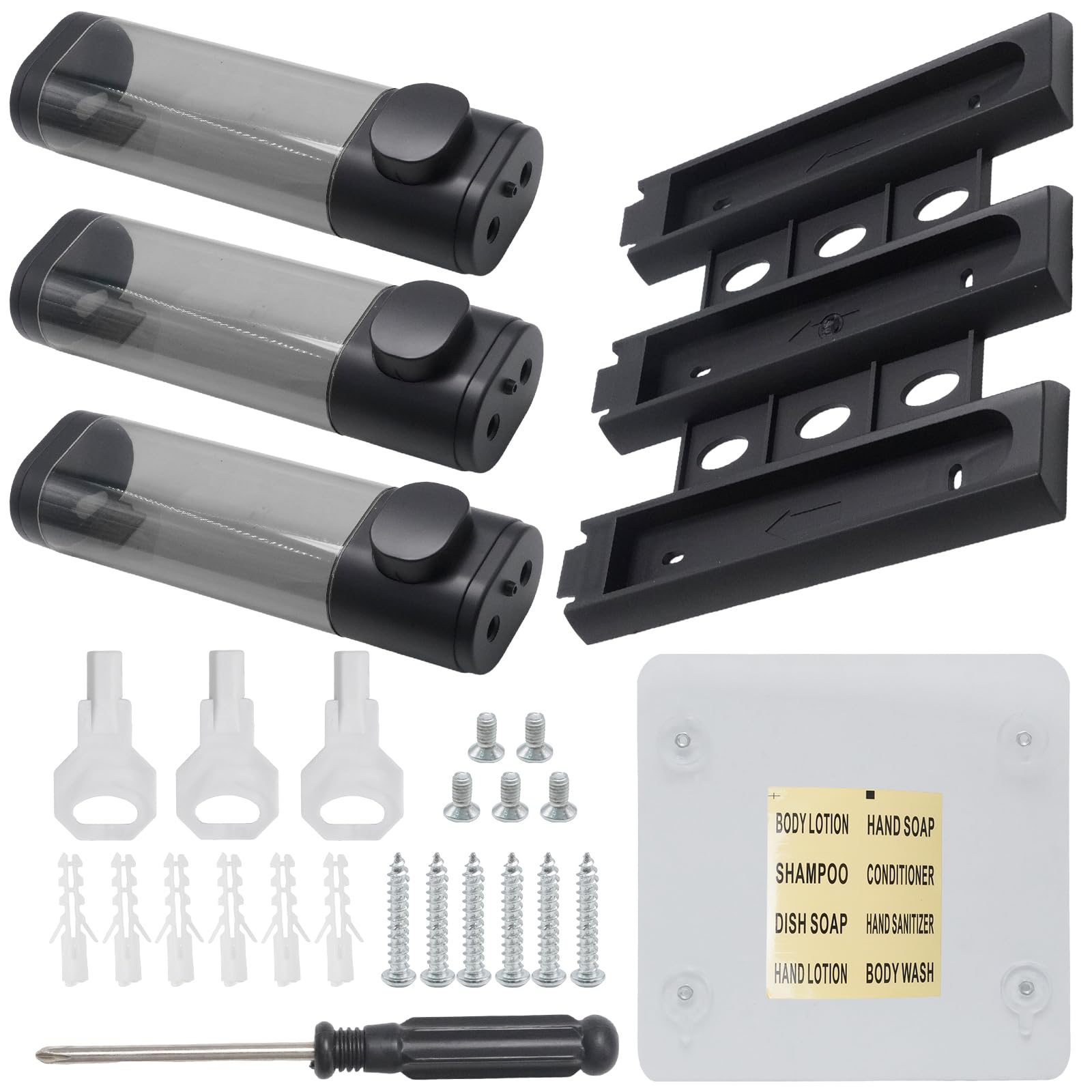 Hoypeyfiy Set dispenser per sapone a parete a 3 camere, dispenser per shampoo e gel doccia, installazione senza fori per l'organizzazione del bagno e della cucina (nero)