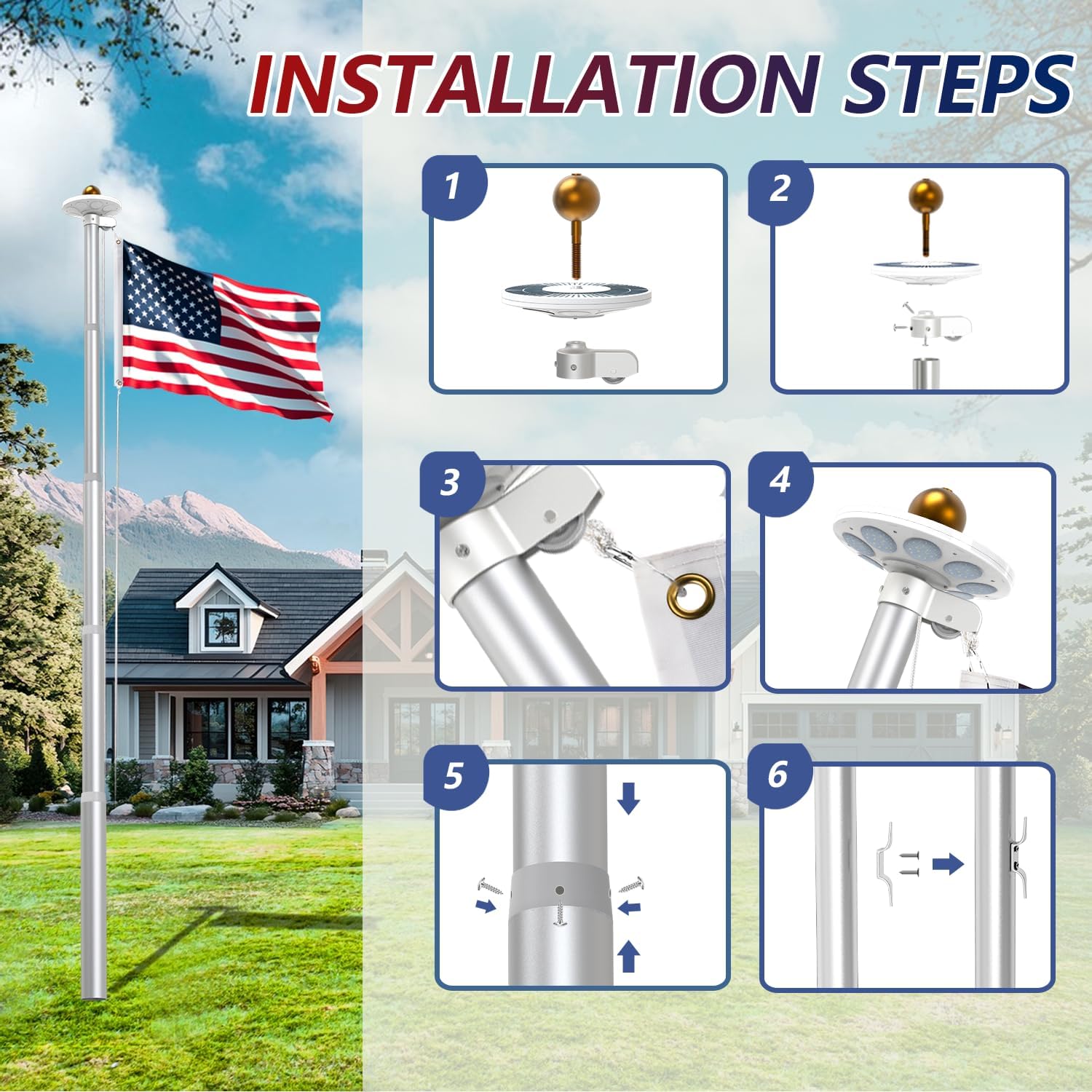 10 Gauge Heavy Duty Flag Pole Kit Light Solar, 120MPH 3mm Thick Flagpole Hardware Kit for 2 Flag for Outside House In Ground Use, 25FT Silver with One 3x5 Flag