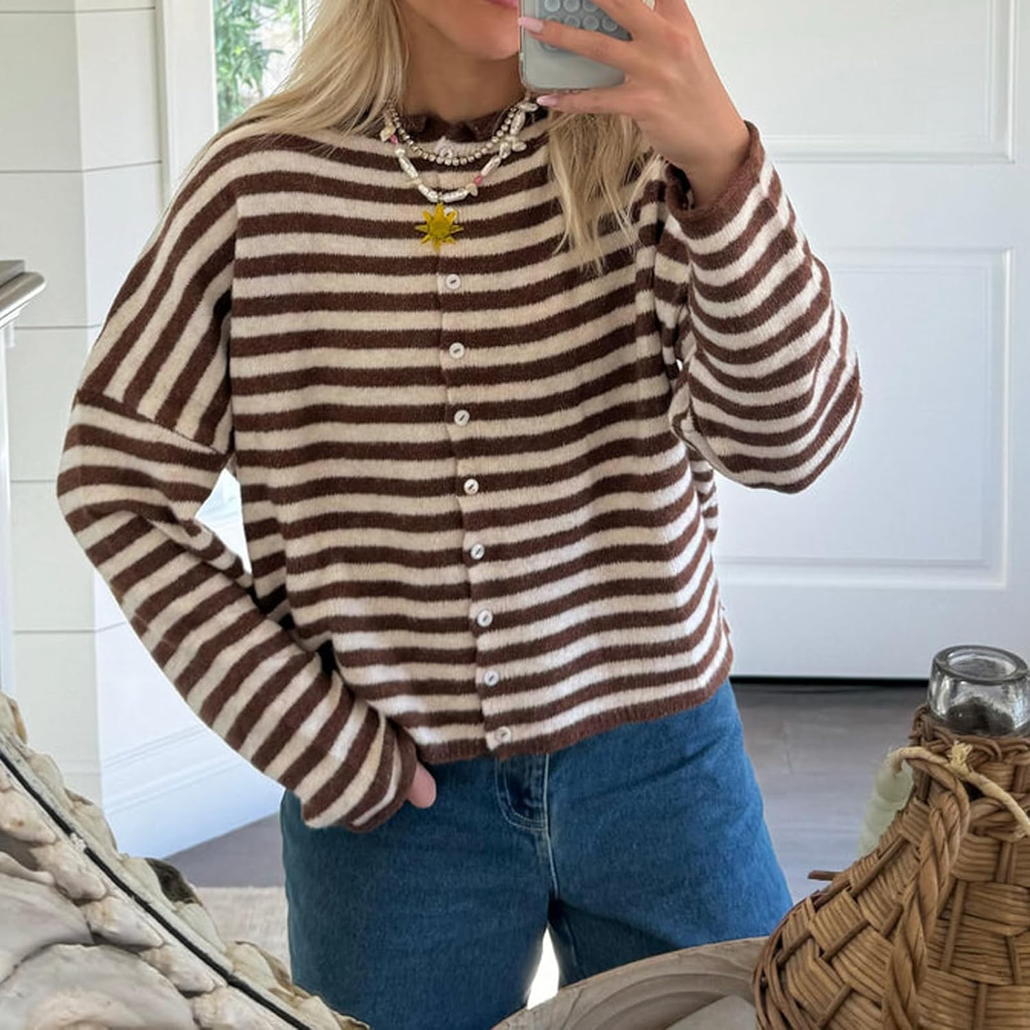 Women Y2K Knit Cardigan Striped Button Down Loose Fit Sweater Cardigan Vintage Streetwear Open Front Knitwear - Image 4