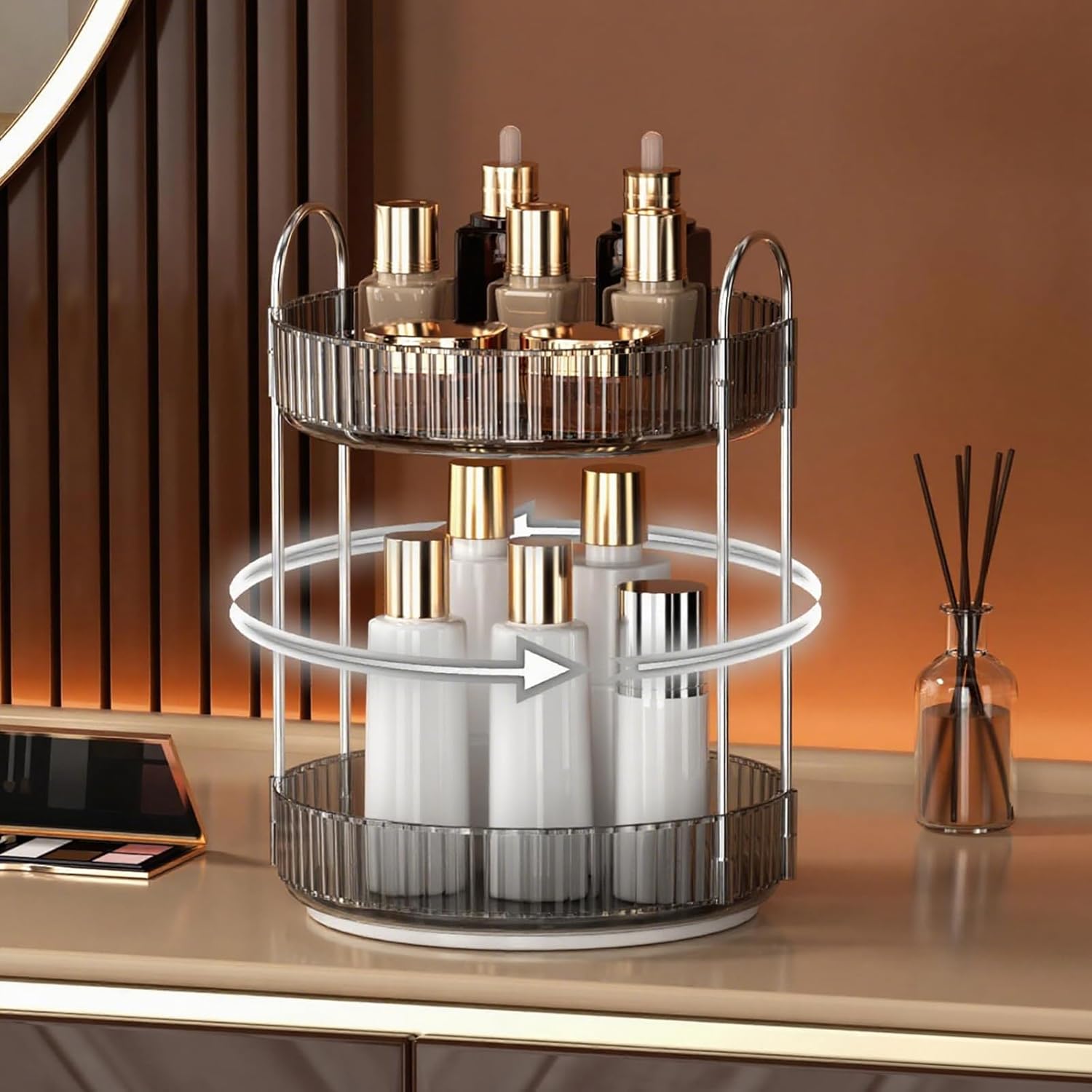 YCIA&DONE 360 Rotating Makeup Organizer and Storage for Vanity Countertop 2 Tiers, High Capacity Cosmetic Skincare Perfume Organizers for Dresser Bathroom Lazy Susan (Smoky Gray)
