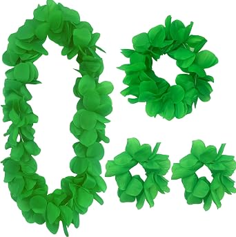 Hawaiian Lei Set, 4 Piece Flower Necklace, Bracelet, Headband, Halloween Costume Accessories Green Leis